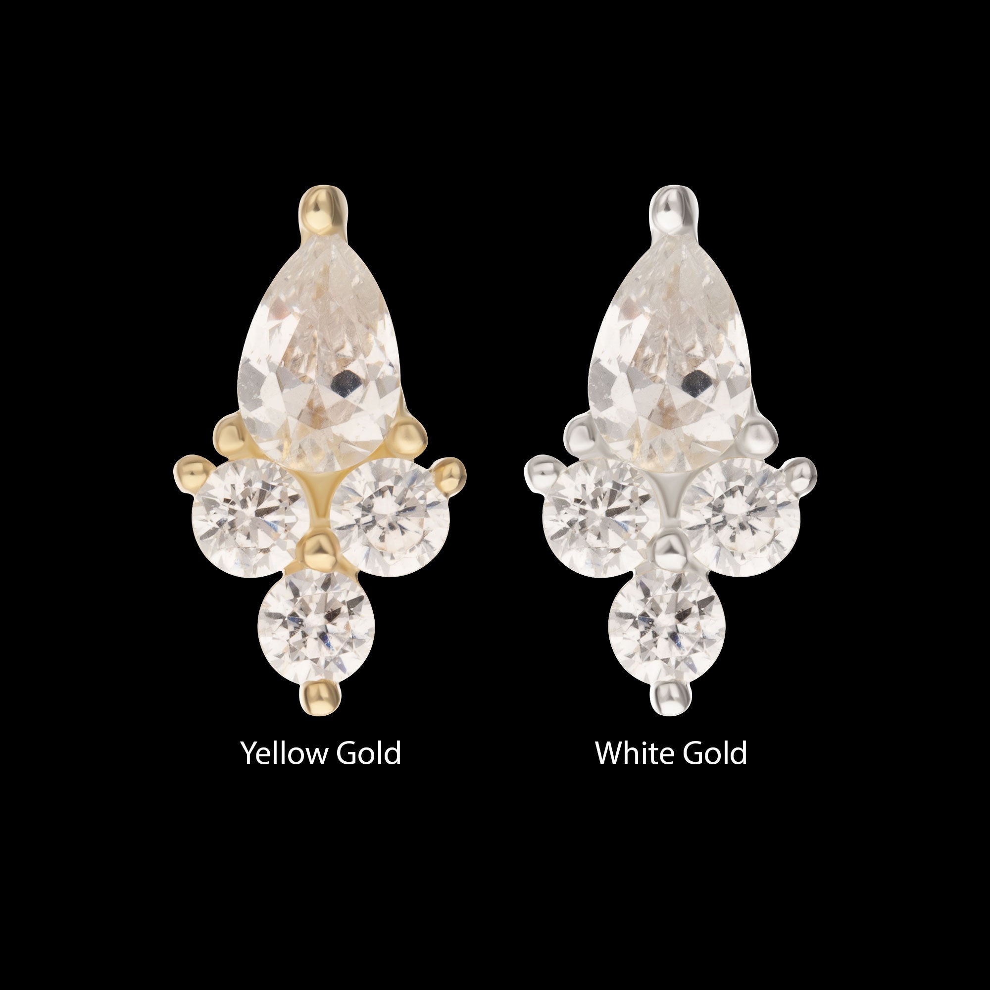 Prong Set Teardrop & Triple Round Gem Flatback Stud Earring / Nosering - Gem in 14Kt Gold