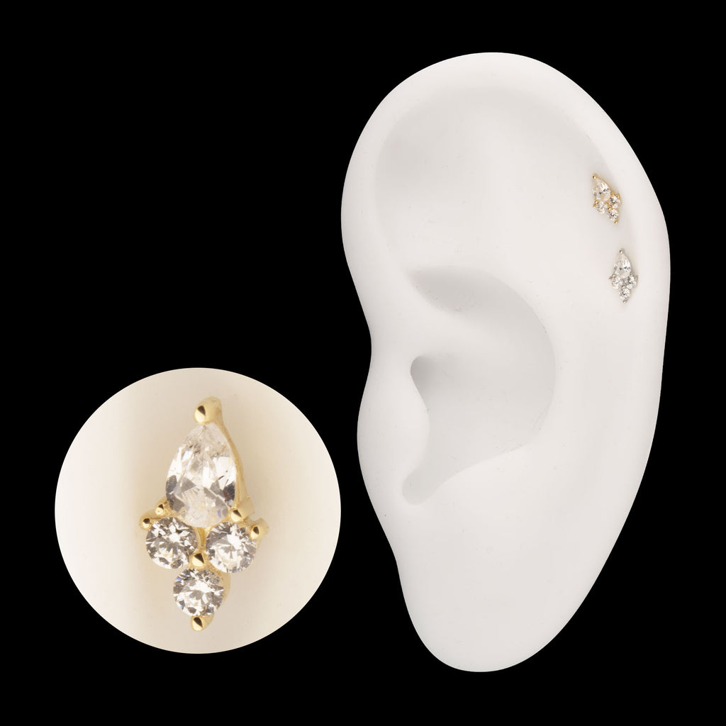 Prong Set Teardrop & Triple Round Gem Flatback Stud Earring / Nosering - Gem in 14Kt Gold