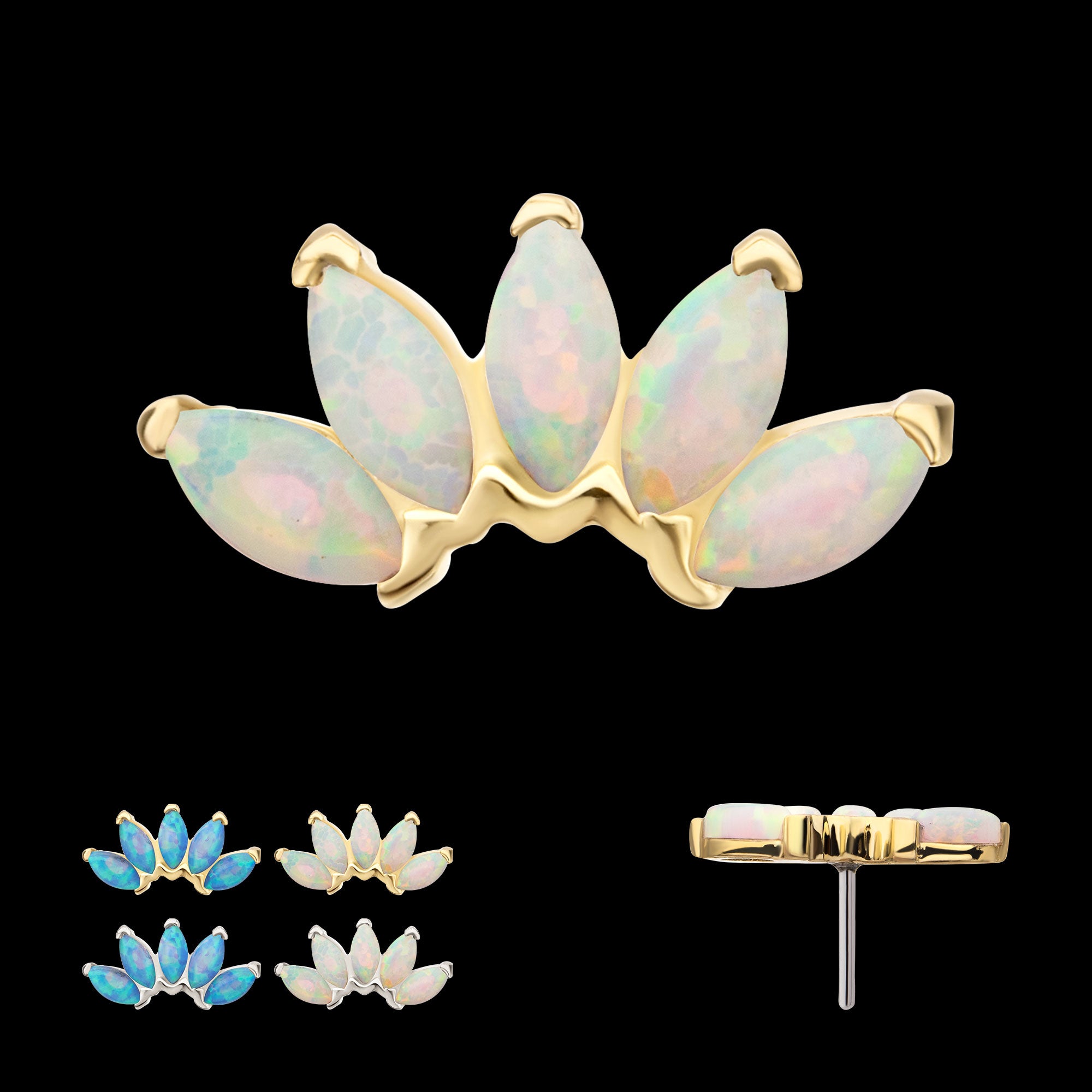 Fan Shape with 5-Cluster Marquise Prong Opal Flatback Stud Earring / Nosering - Opal in 14Kt Gold