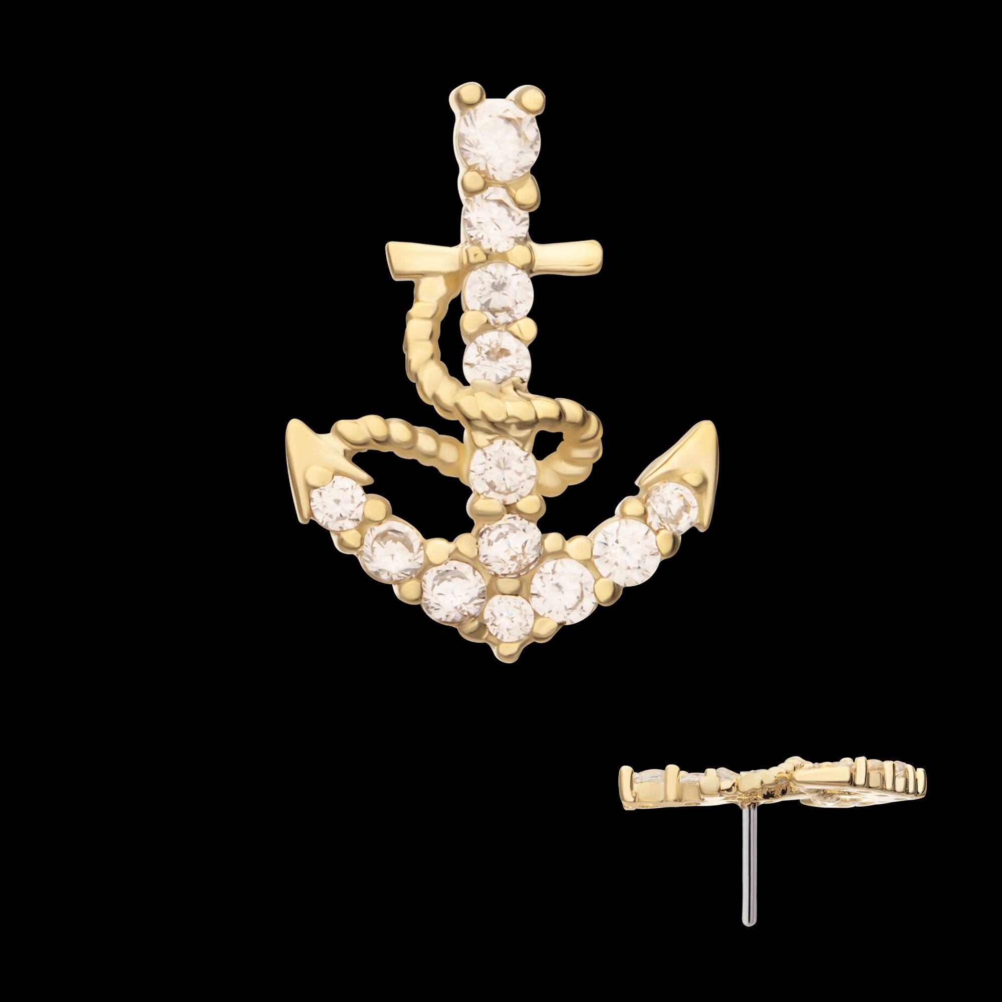 Pave Gem Anchor Flatback Stud Earring / Nosering - Gem in 14Kt Yellow Gold
