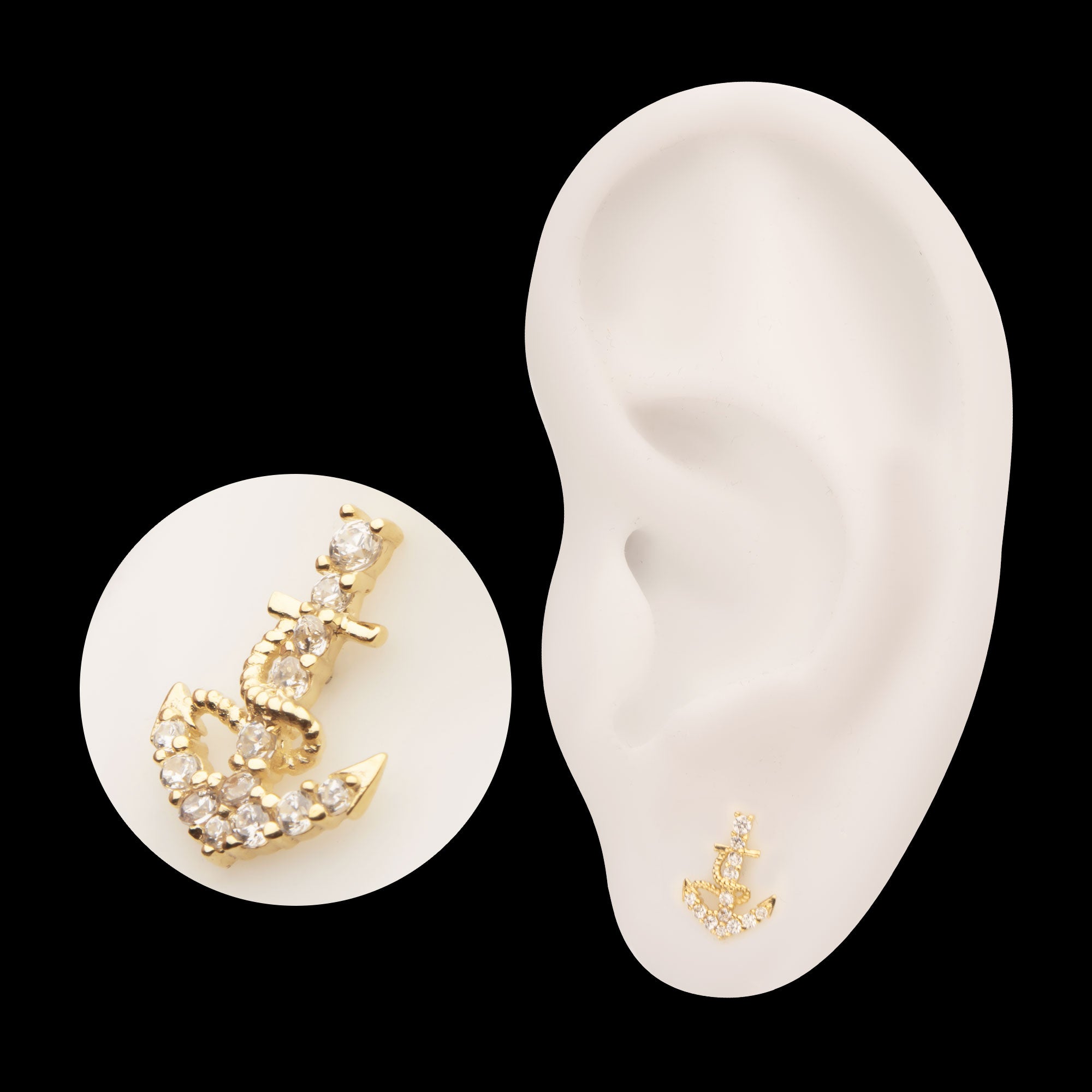Pave Gem Anchor Flatback Stud Earring / Nosering - Gem in 14Kt Yellow Gold