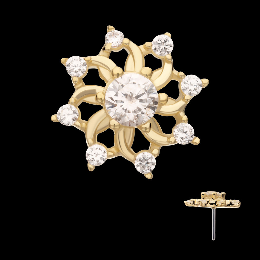 Swirled Flower with Prong Set Gem Flatback Stud Earring / Nosering - Gem in 14Kt Yellow Gold