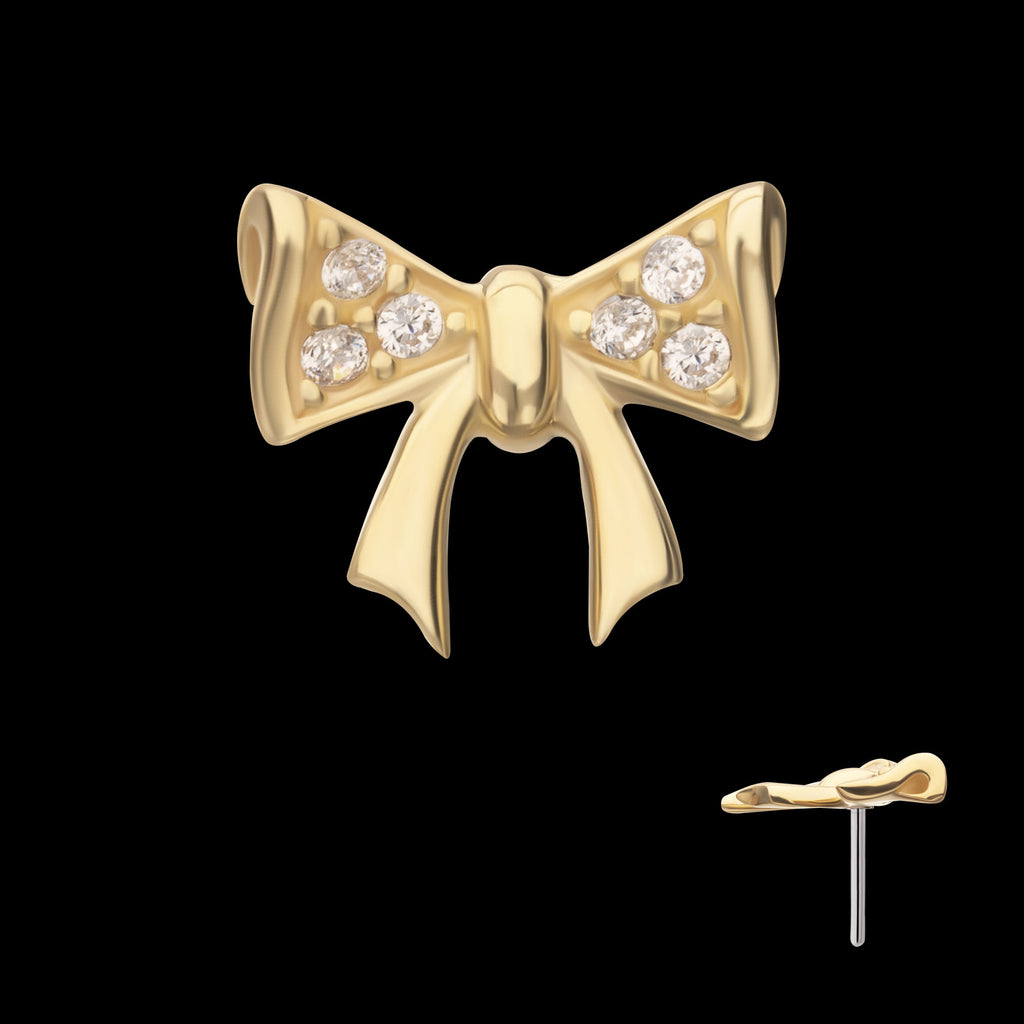 Bow with Pave Gem Flatback Stud Earring / Nosering - Gem in 14Kt Yellow Gold