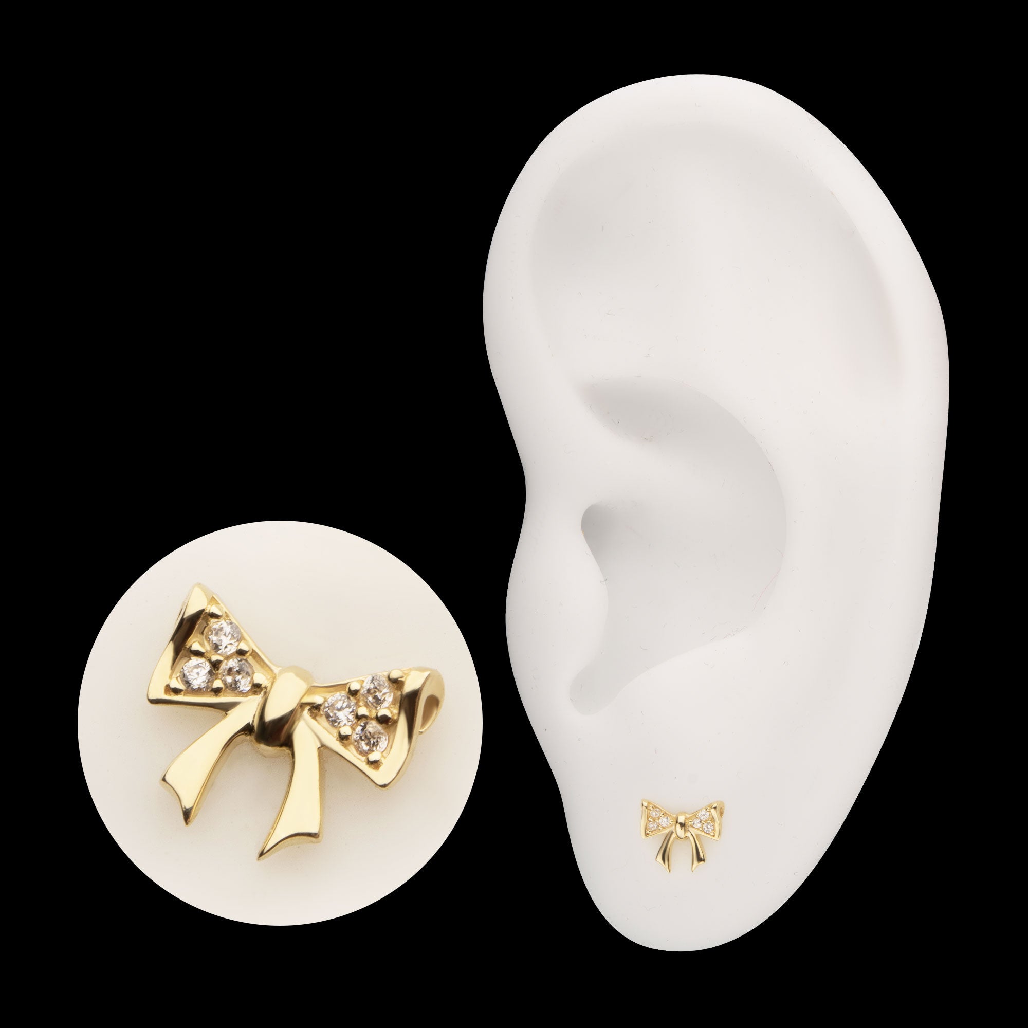 Bow with Pave Gem Flatback Stud Earring / Nosering - Gem in 14Kt Yellow Gold