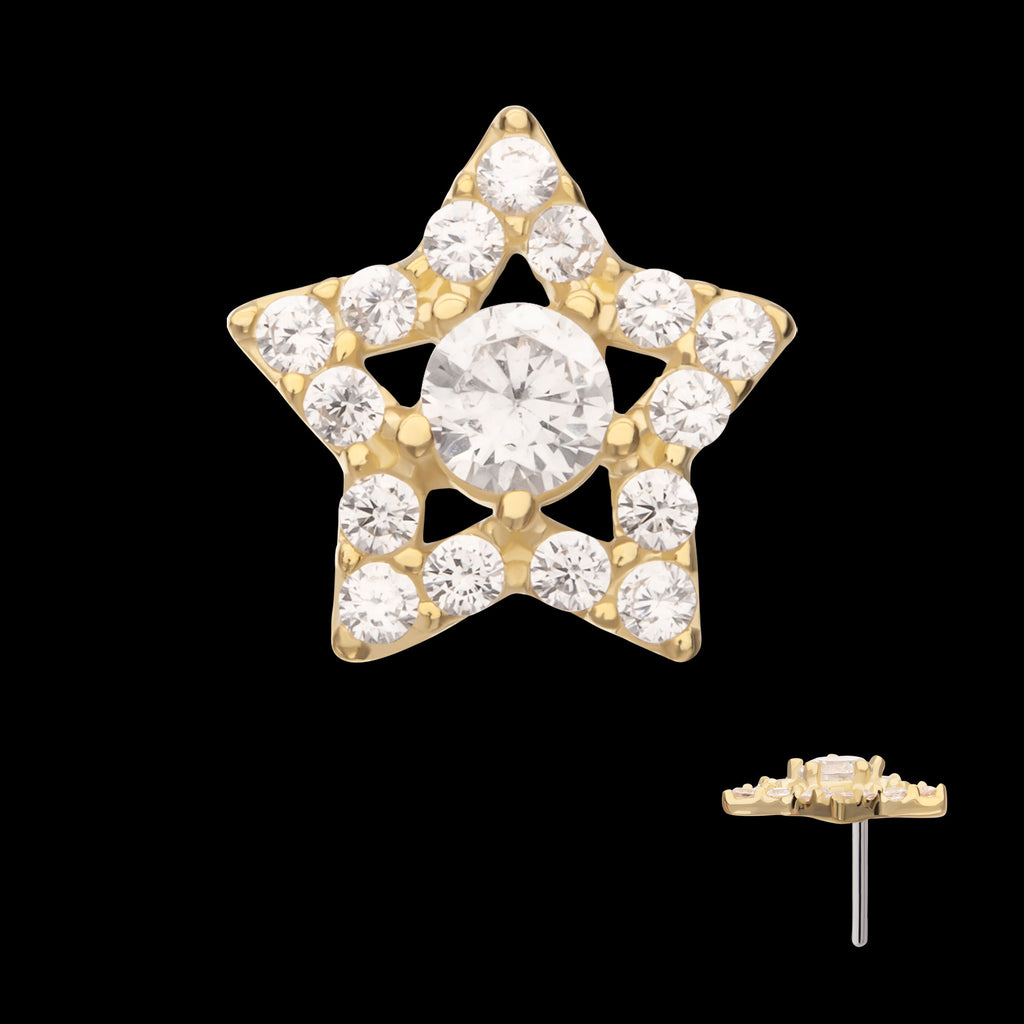 Cut Out Star with Pave Gem Flatback Stud Earring / Nosering - Gem in 14Kt Yellow Gold