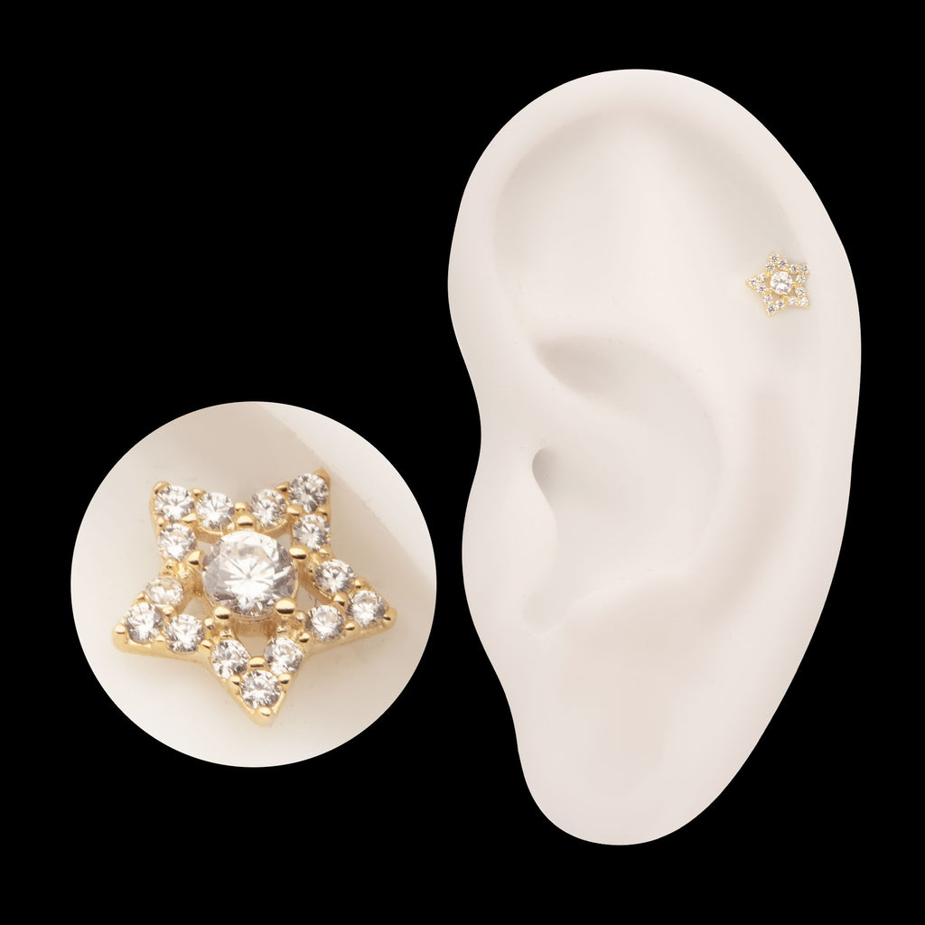 Cut Out Star with Pave Gem Flatback Stud Earring / Nosering - Gem in 14Kt Yellow Gold