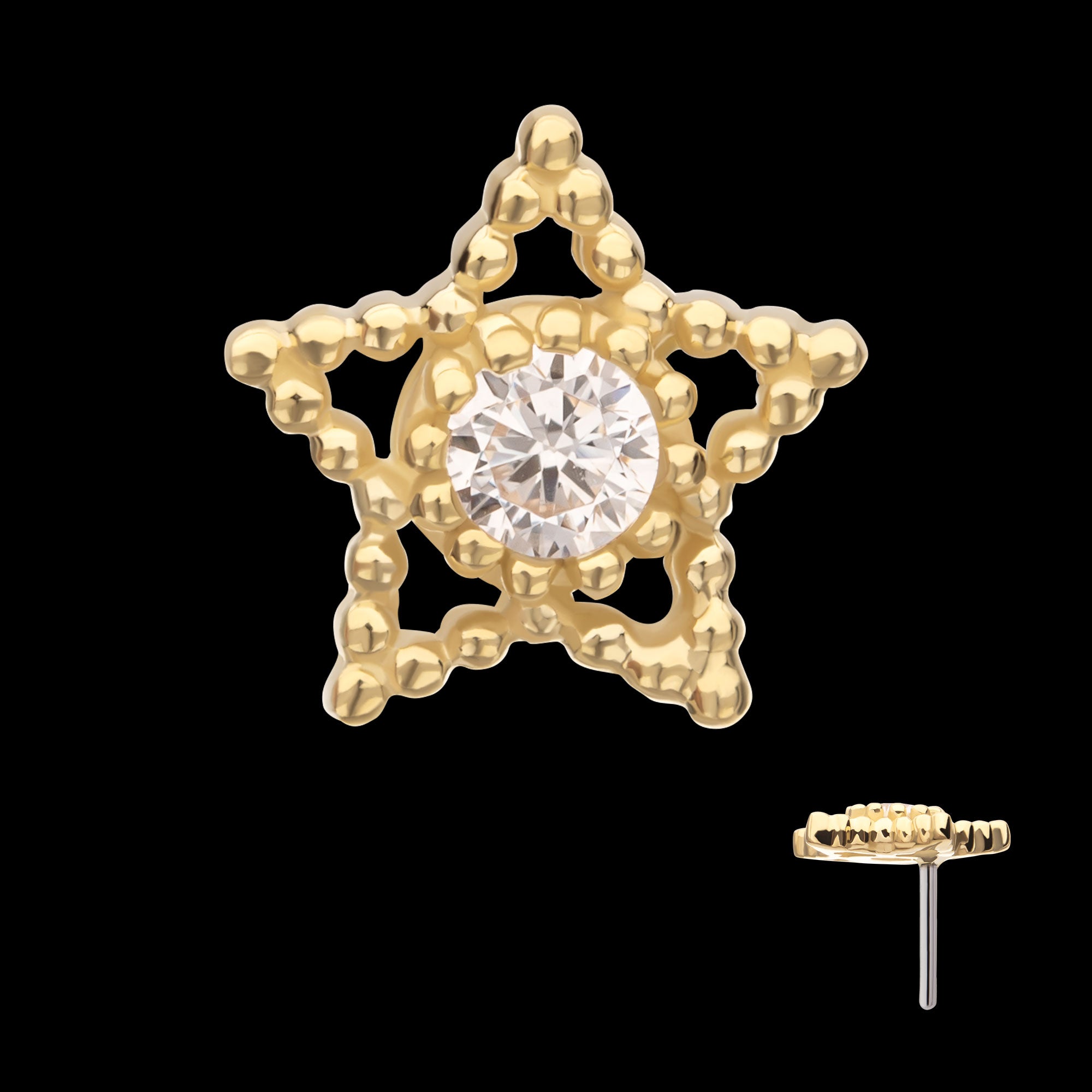 Cut Out Beaded Edge Star with Gem Flatback Stud Earring / Nosering - Gem in 14Kt Yellow Gold