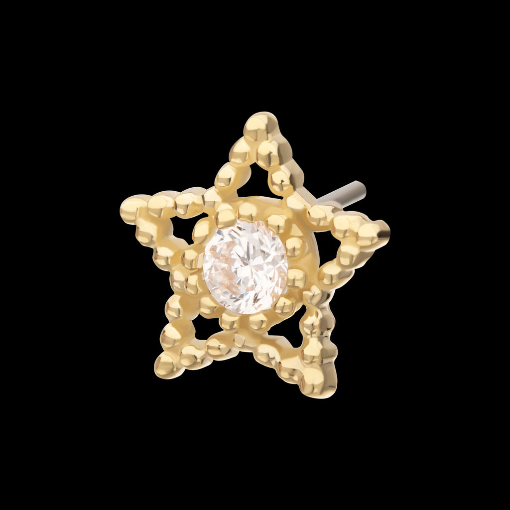 Cut Out Beaded Edge Star with Gem Flatback Stud Earring / Nosering - Gem in 14Kt Yellow Gold