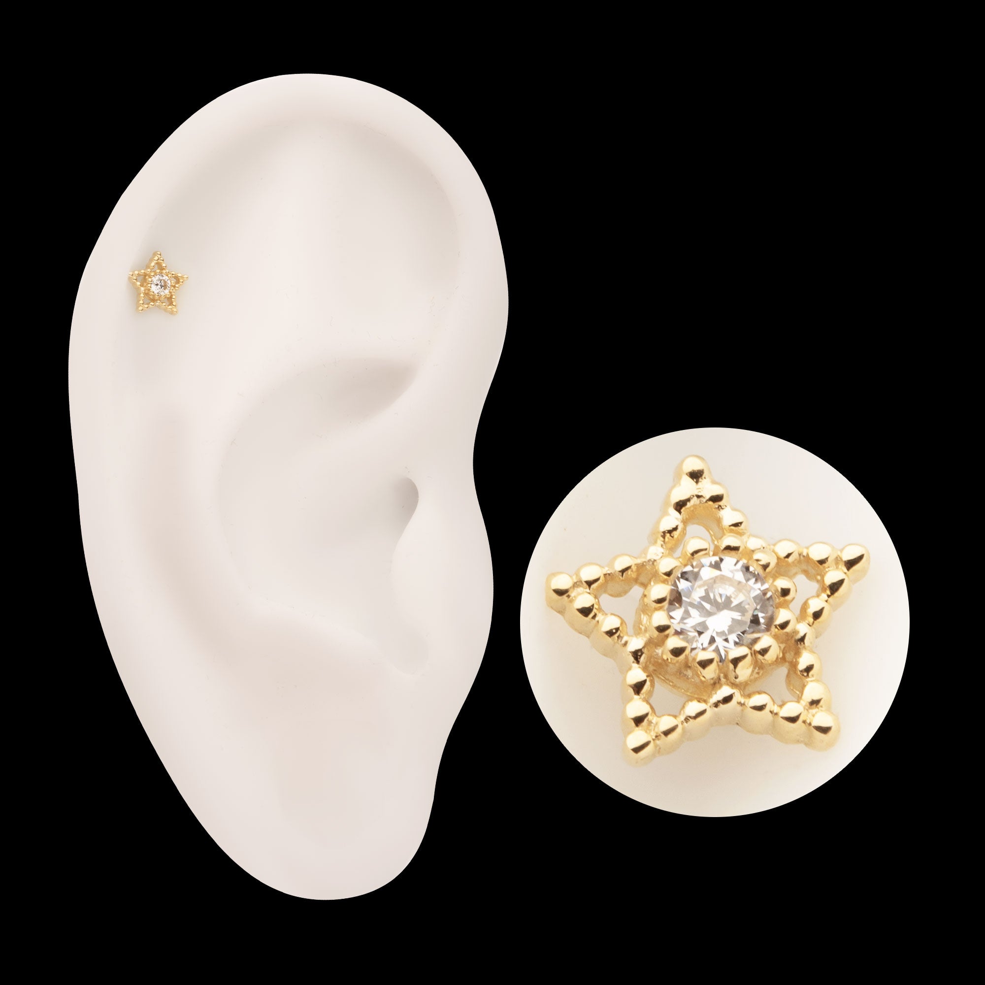 Cut Out Beaded Edge Star with Gem Flatback Stud Earring / Nosering - Gem in 14Kt Yellow Gold