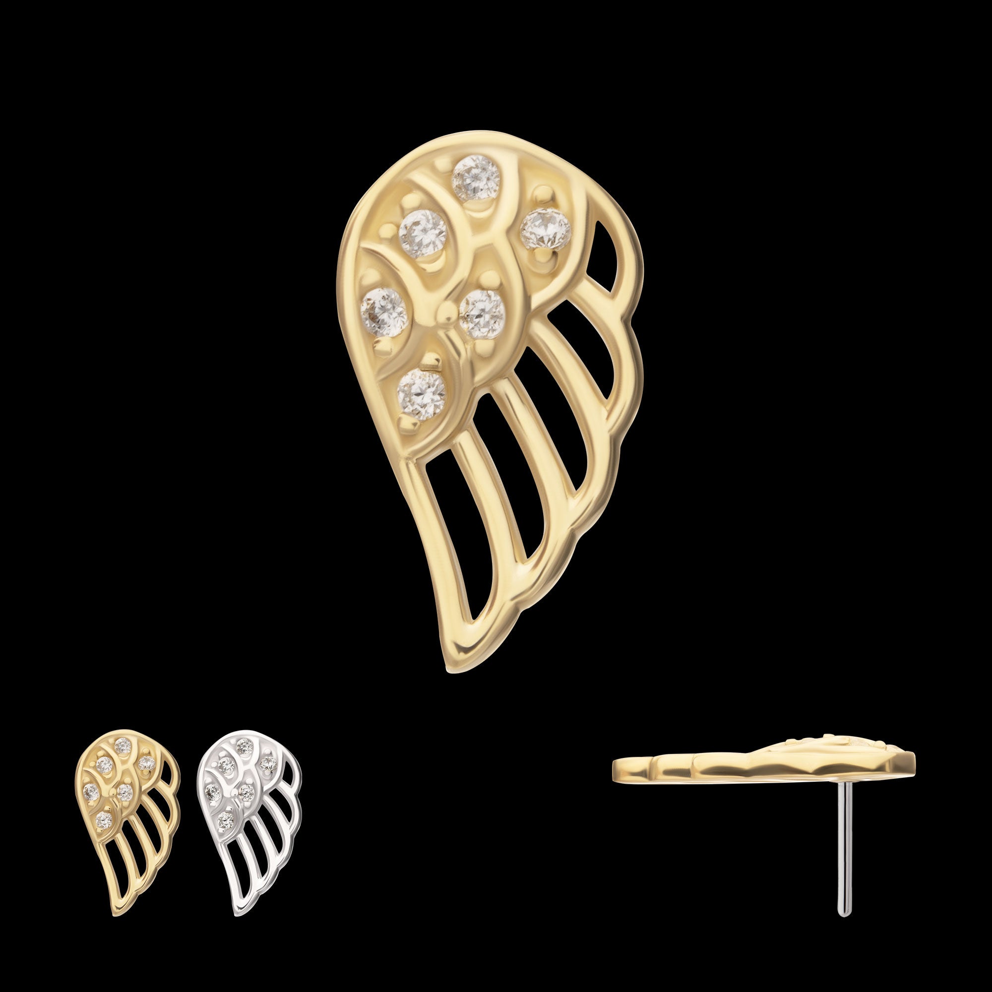 Angel Wing with Pave Gem (Left Ear) Flatback Stud Earring / Nosering - Gem in 14Kt Gold