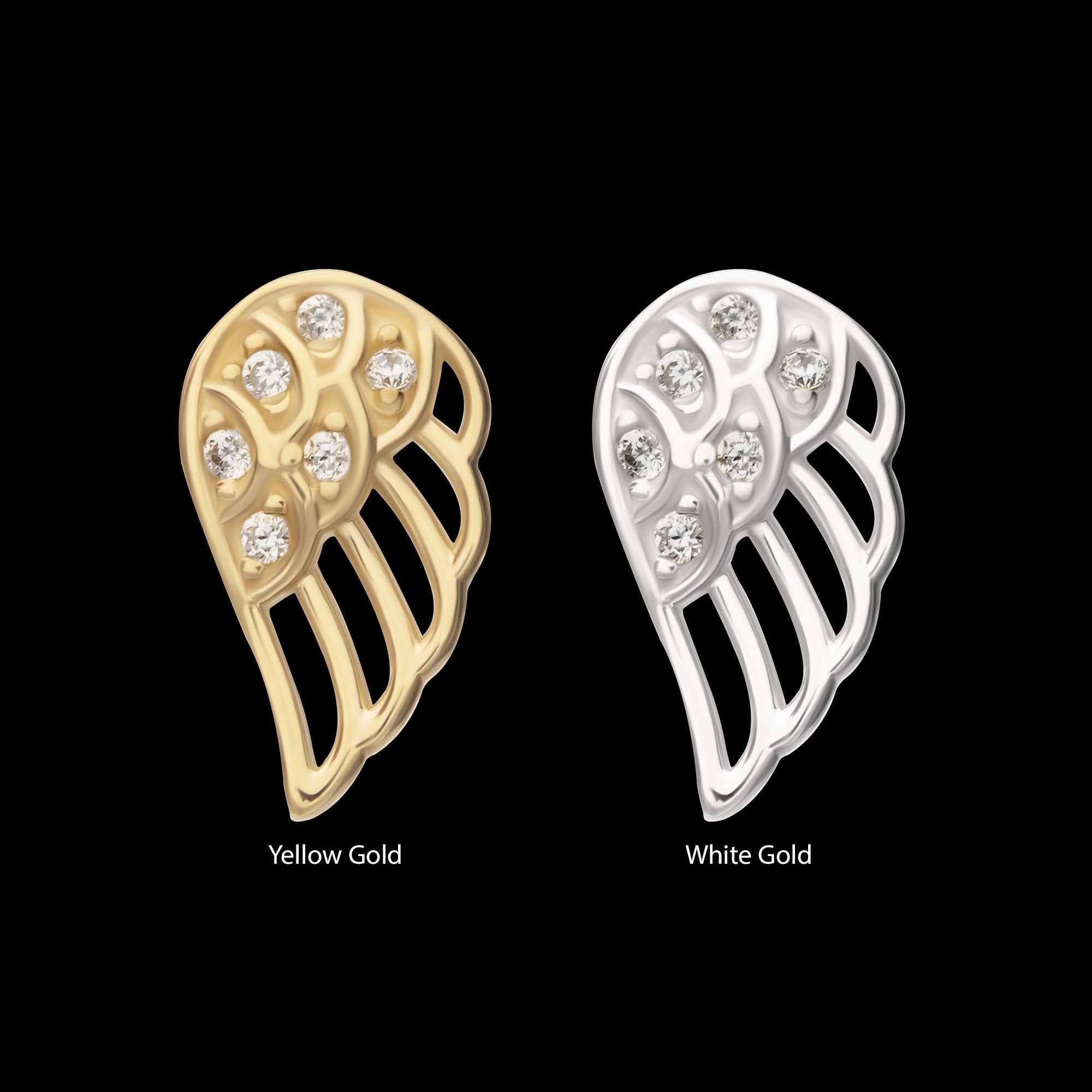 Angel Wing with Pave Gem (Left Ear) Flatback Stud Earring / Nosering - Gem in 14Kt Gold