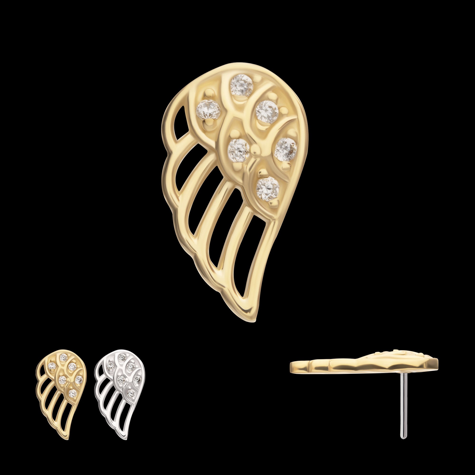 Angel Wing with Pave Gem (Right Ear) Flatback Stud Earring / Nosering - Gem in 14Kt Gold