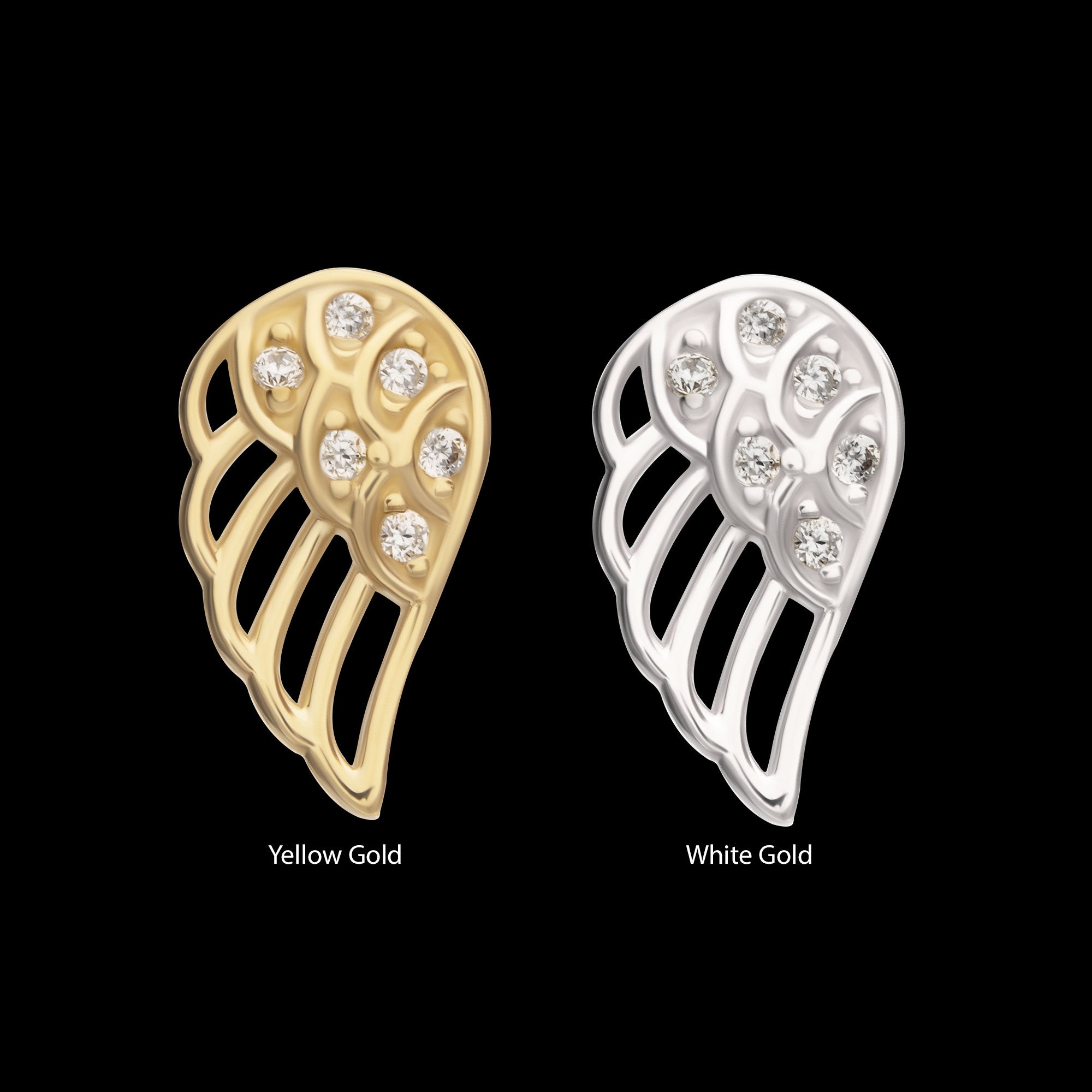 Angel Wing with Pave Gem (Right Ear) Flatback Stud Earring / Nosering - Gem in 14Kt Gold