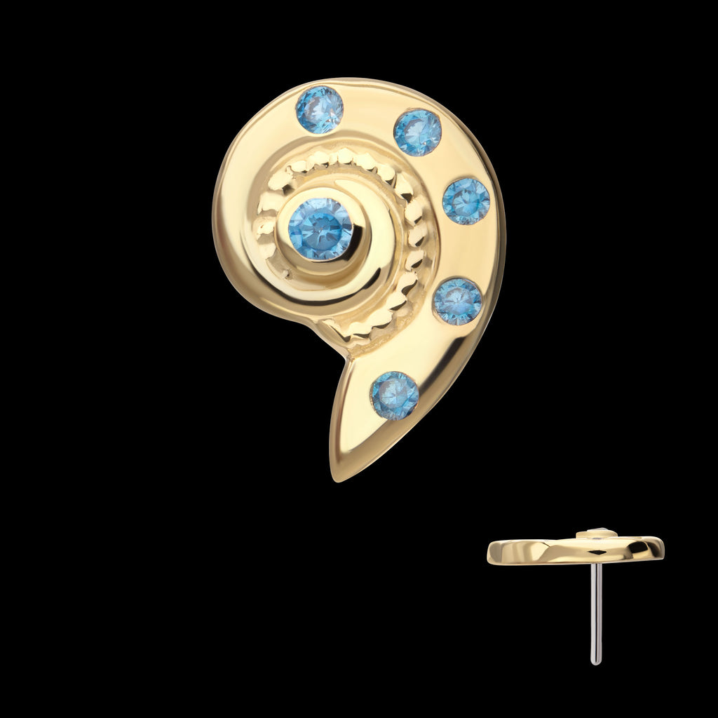 Aqua CZ Gem Snaill Flatback Stud Earring / Nosering - CZ in 14Kt Yellow Gold