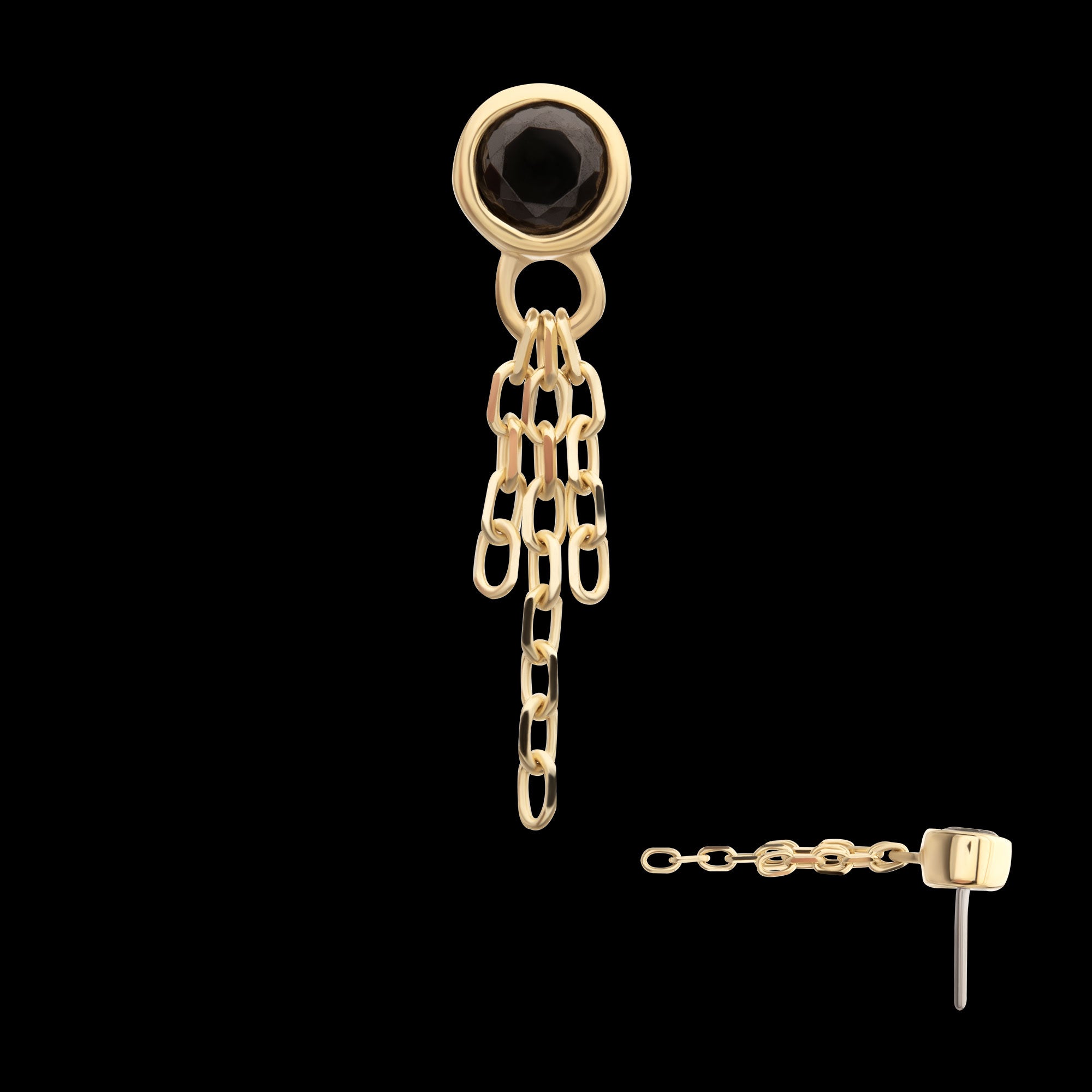 Bezel Set Gem with Triple Chain Dangle Flatback Stud Earring / Nosering - Gem in 14Kt Yellow Gold