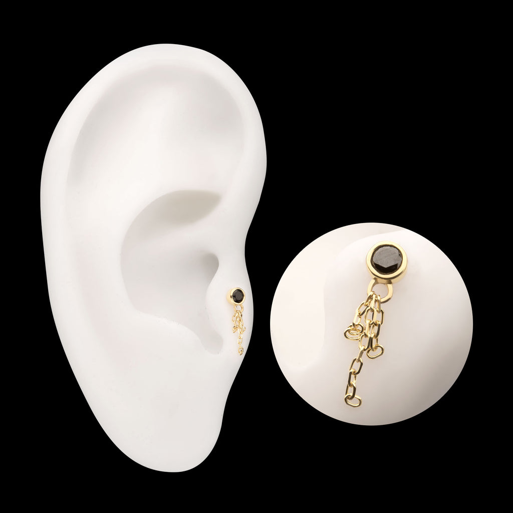Bezel Set Gem with Triple Chain Dangle Flatback Stud Earring / Nosering - Gem in 14Kt Yellow Gold
