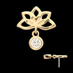 Lotus Flower with Bezel Gem Dangle Flatback Stud Earring / Nosering - Gem in 14Kt Yellow Gold