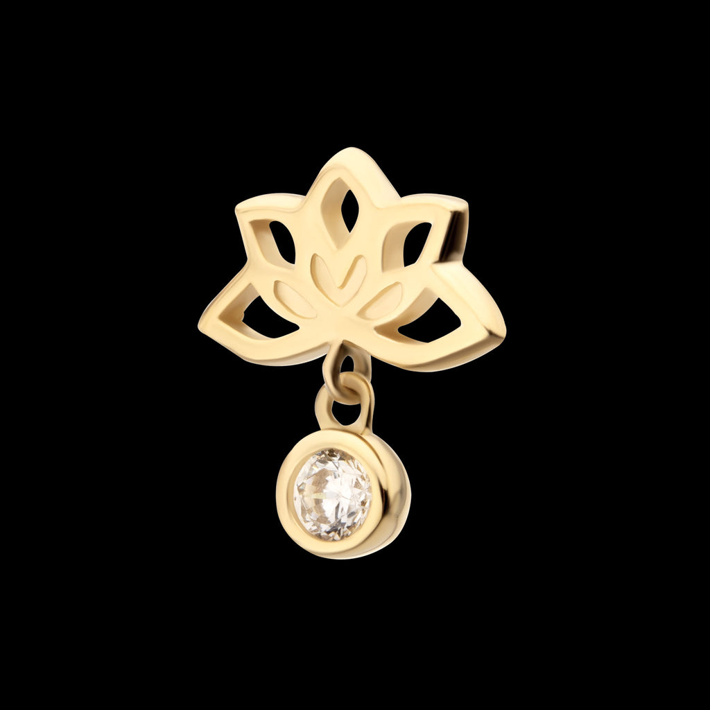 Lotus Flower with Bezel Gem Dangle Flatback Stud Earring / Nosering - Gem in 14Kt Yellow Gold
