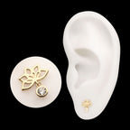 Lotus Flower with Bezel Gem Dangle Flatback Stud Earring / Nosering - Gem in 14Kt Yellow Gold