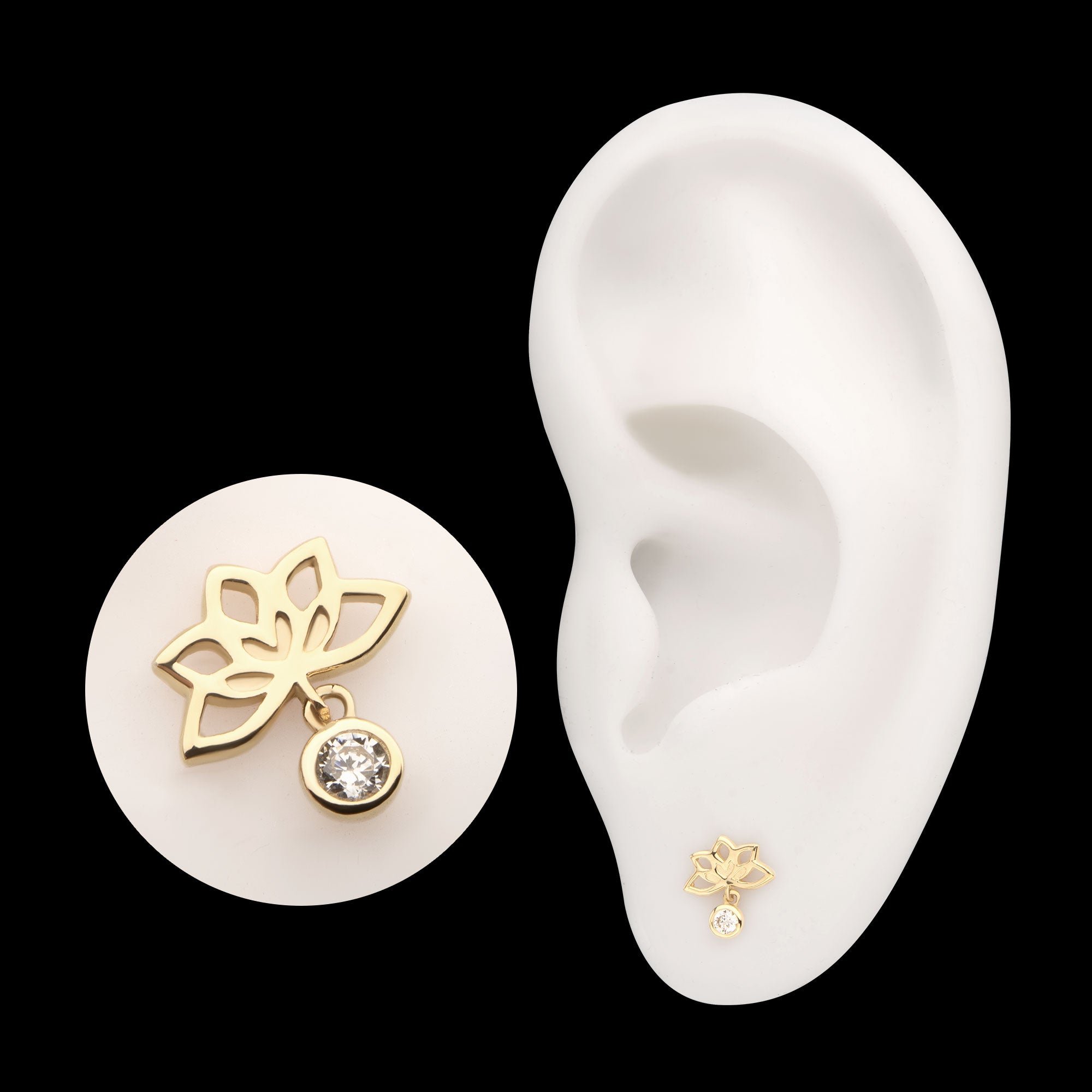 Lotus Flower with Bezel Gem Dangle Flatback Stud Earring / Nosering - Gem in 14Kt Yellow Gold