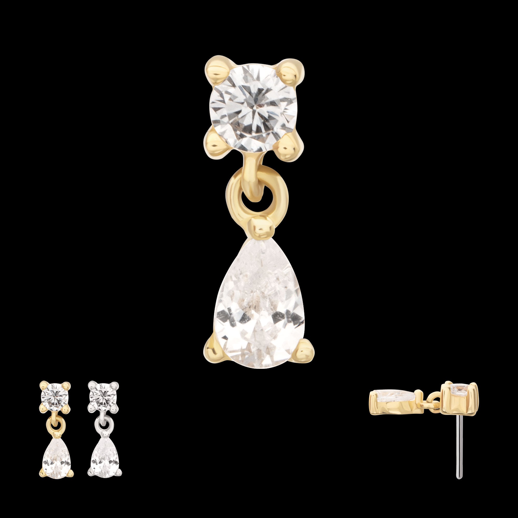 Prong Set Round Gem with Teardrop Dangle Flatback Stud Earring / Nosering - Gem in 14Kt Gold