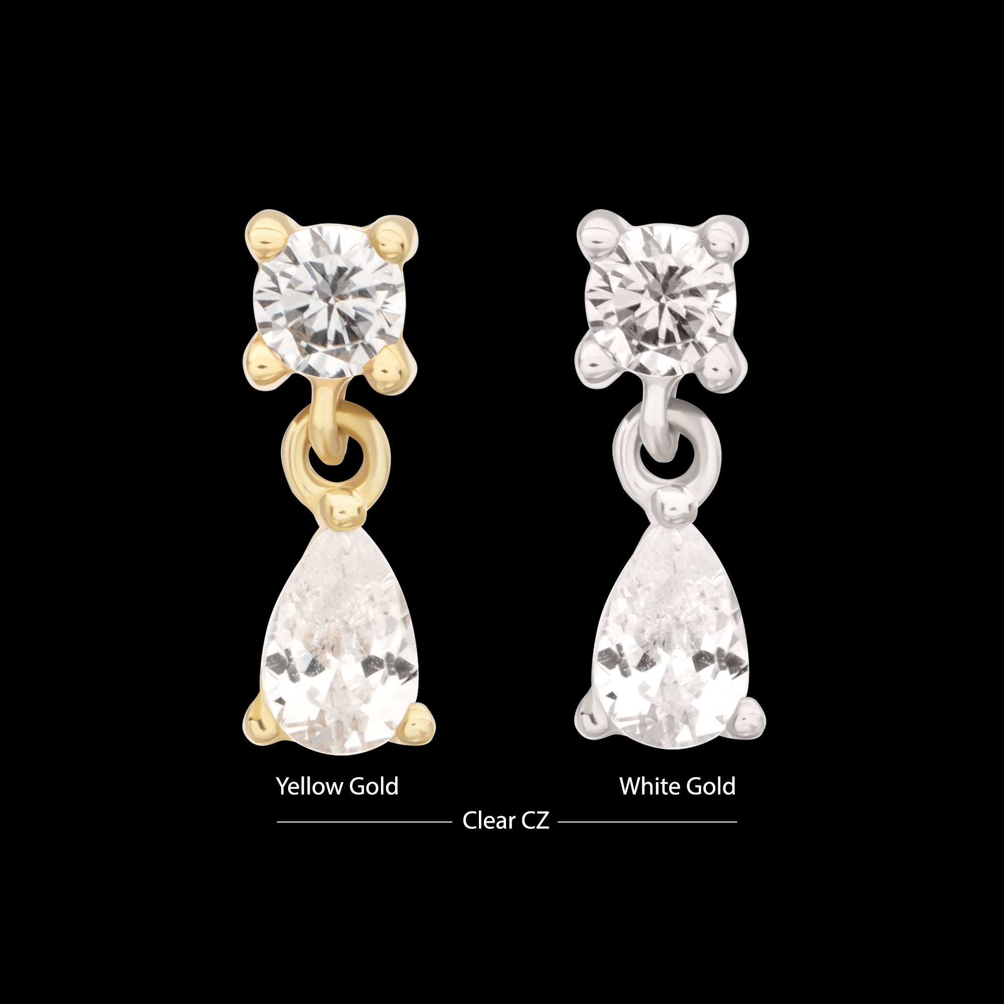 Prong Set Round Gem with Teardrop Dangle Flatback Stud Earring / Nosering - Gem in 14Kt Gold