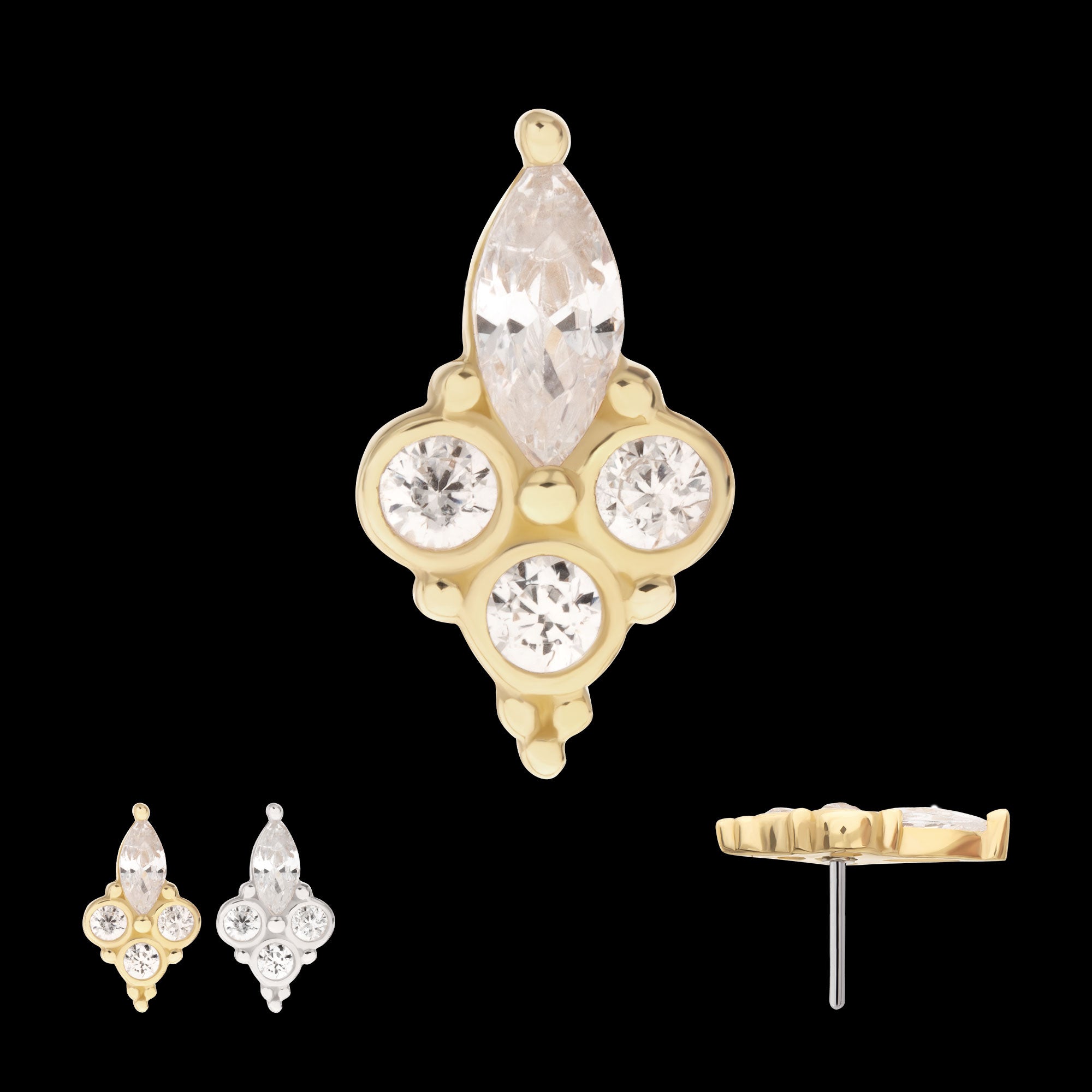 Prong Set Marquise & Triple Round Gem Flatback Stud Earring / Nosering - Gem in 14Kt Gold