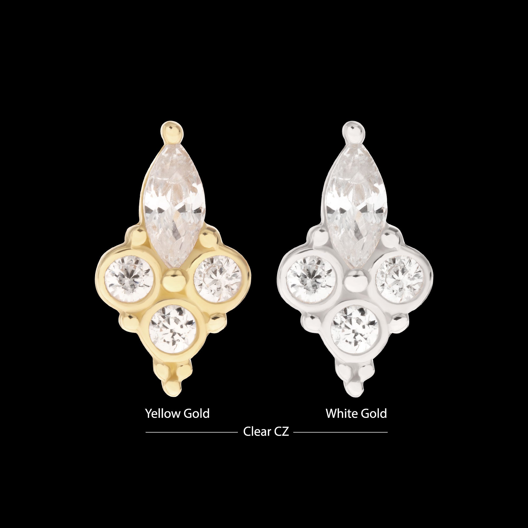 Prong Set Marquise & Triple Round Gem Flatback Stud Earring / Nosering - Gem in 14Kt Gold