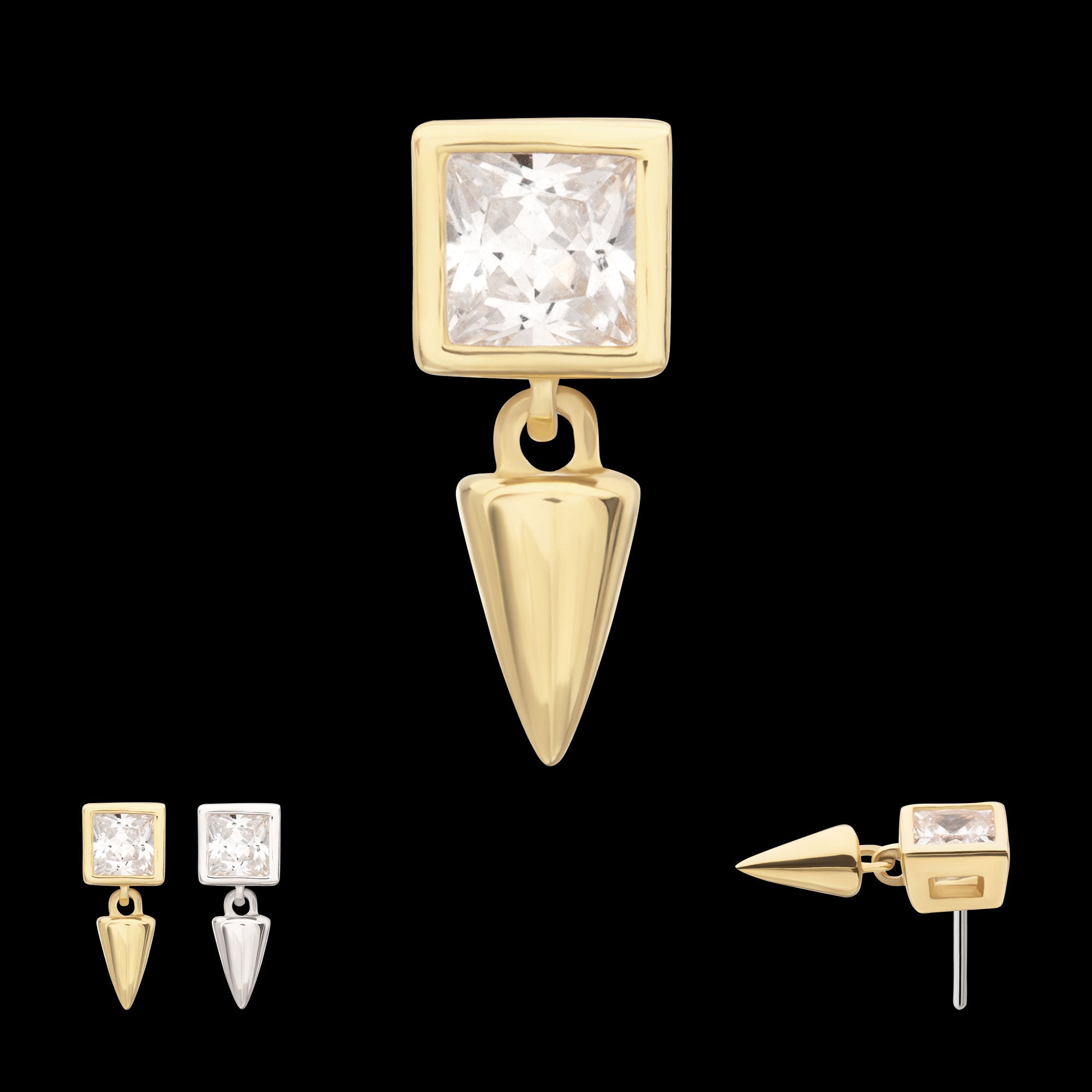 Bezel Princess Cut Gem with Spike Dangle Flatback Stud Earring / Nosering - Gem in 14Kt Gold