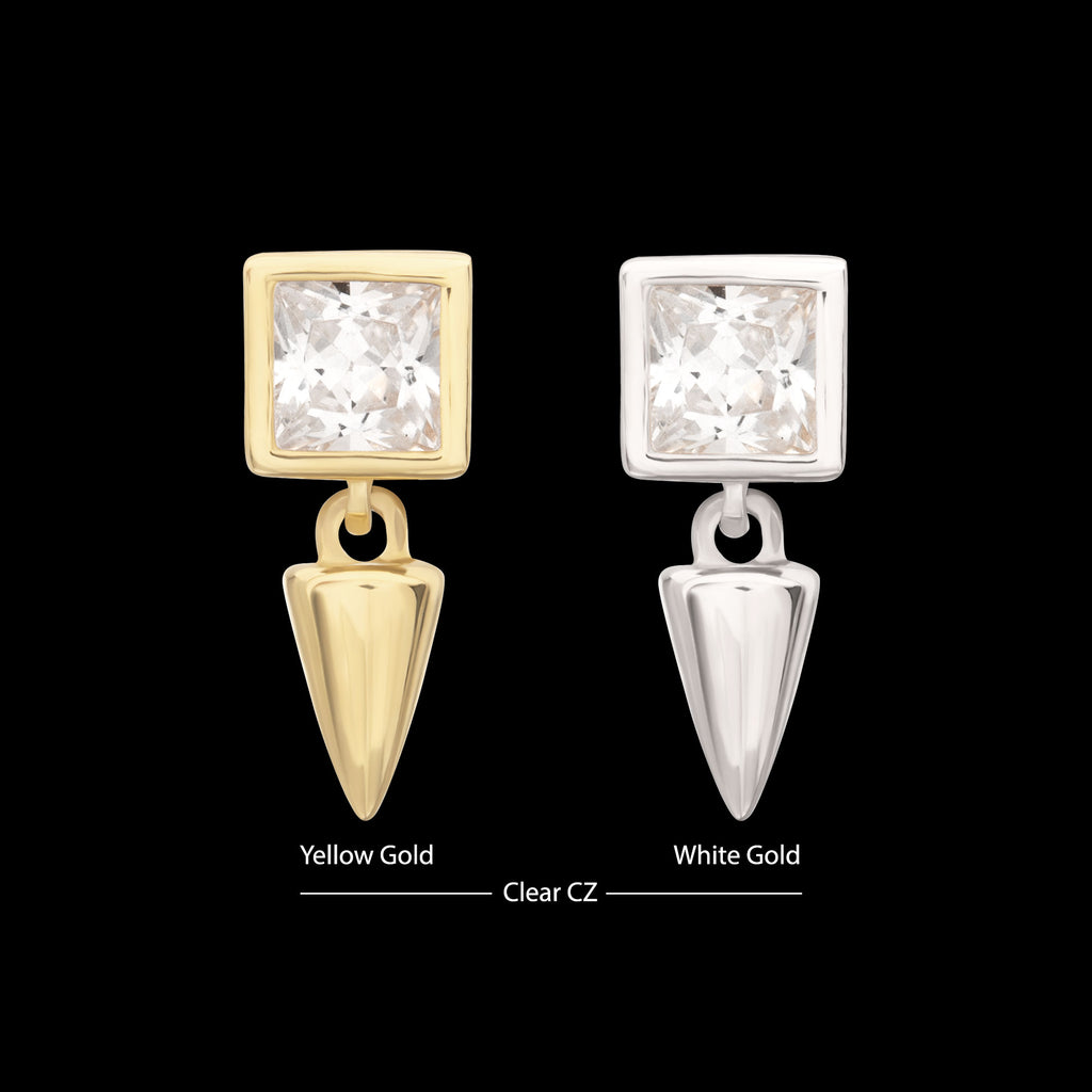 Bezel Princess Cut Gem with Spike Dangle Flatback Stud Earring / Nosering - Gem in 14Kt Gold
