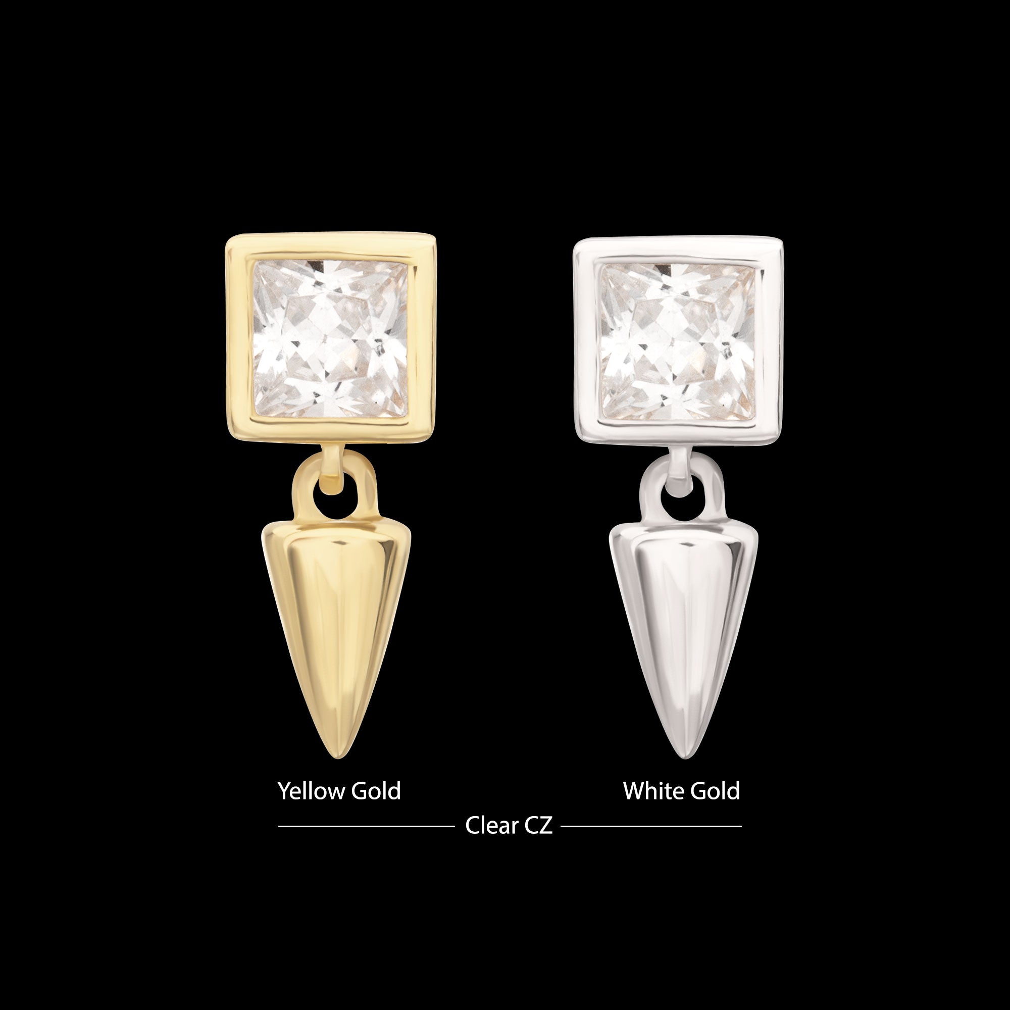 Bezel Princess Cut Gem with Spike Dangle Flatback Stud Earring / Nosering - Gem in 14Kt Gold