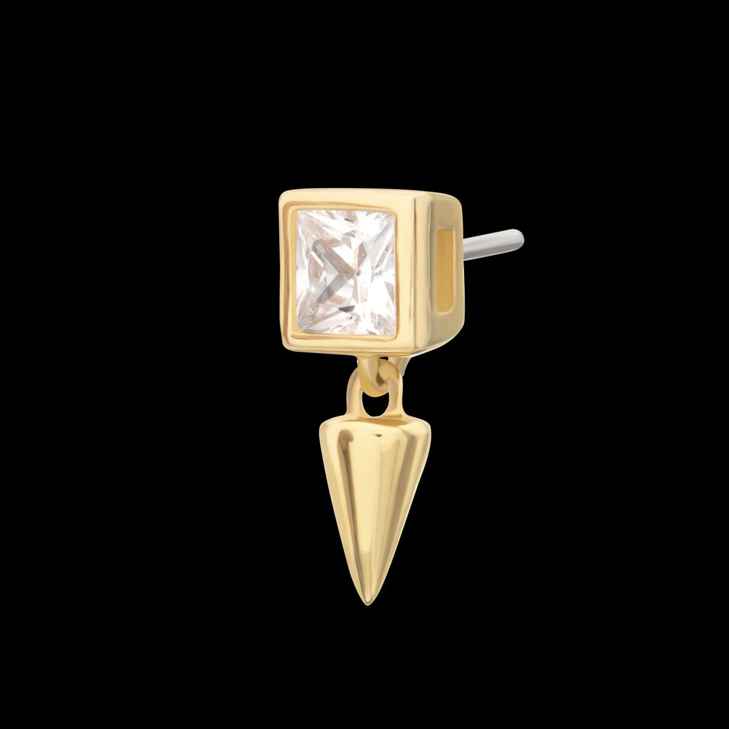 Bezel Princess Cut Gem with Spike Dangle Flatback Stud Earring / Nosering - Gem in 14Kt Gold