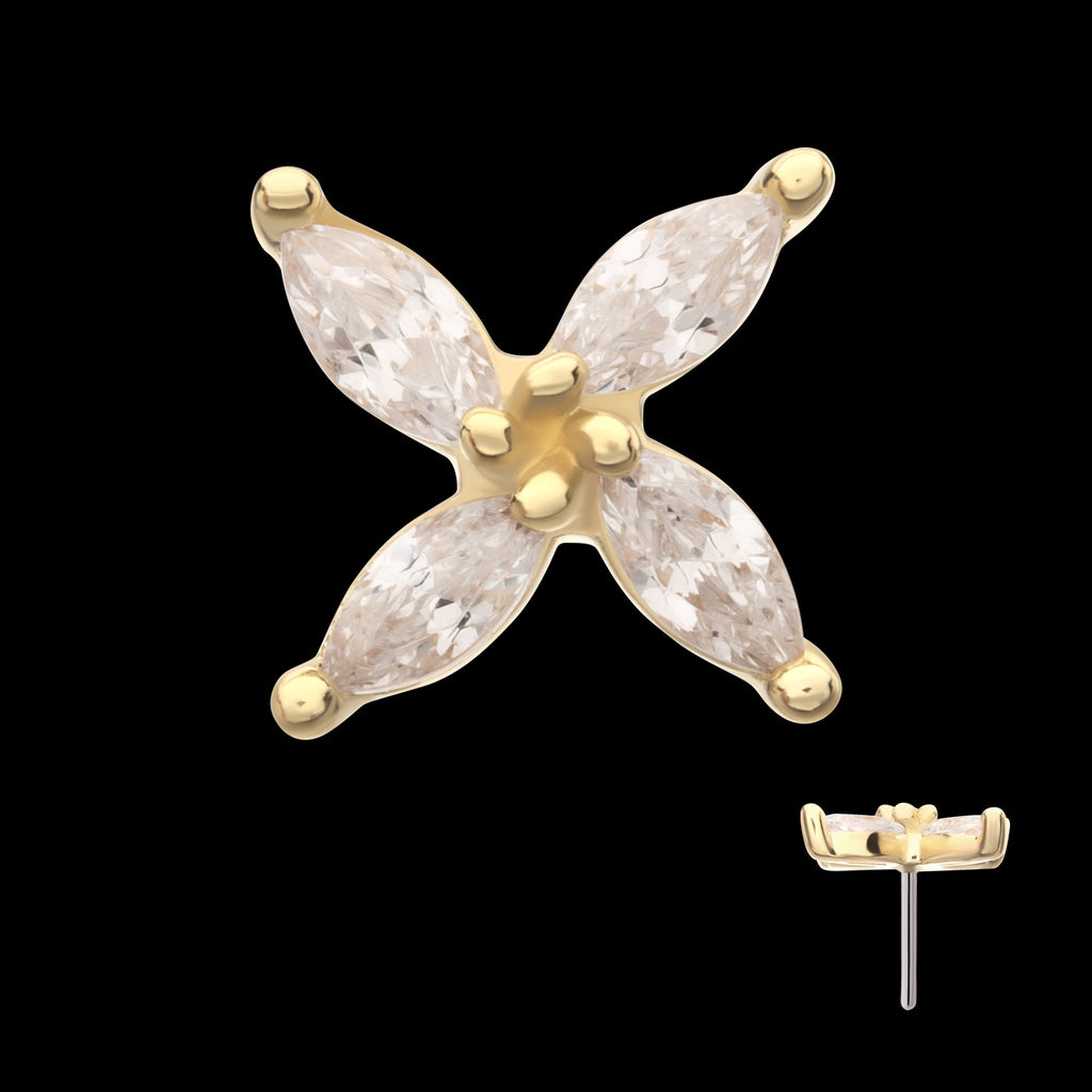 Prong Set Marquise CZ Gem 4-Petal Flower Flatback Stud Earring / Nosering - CZ in 14Kt Yellow Gold