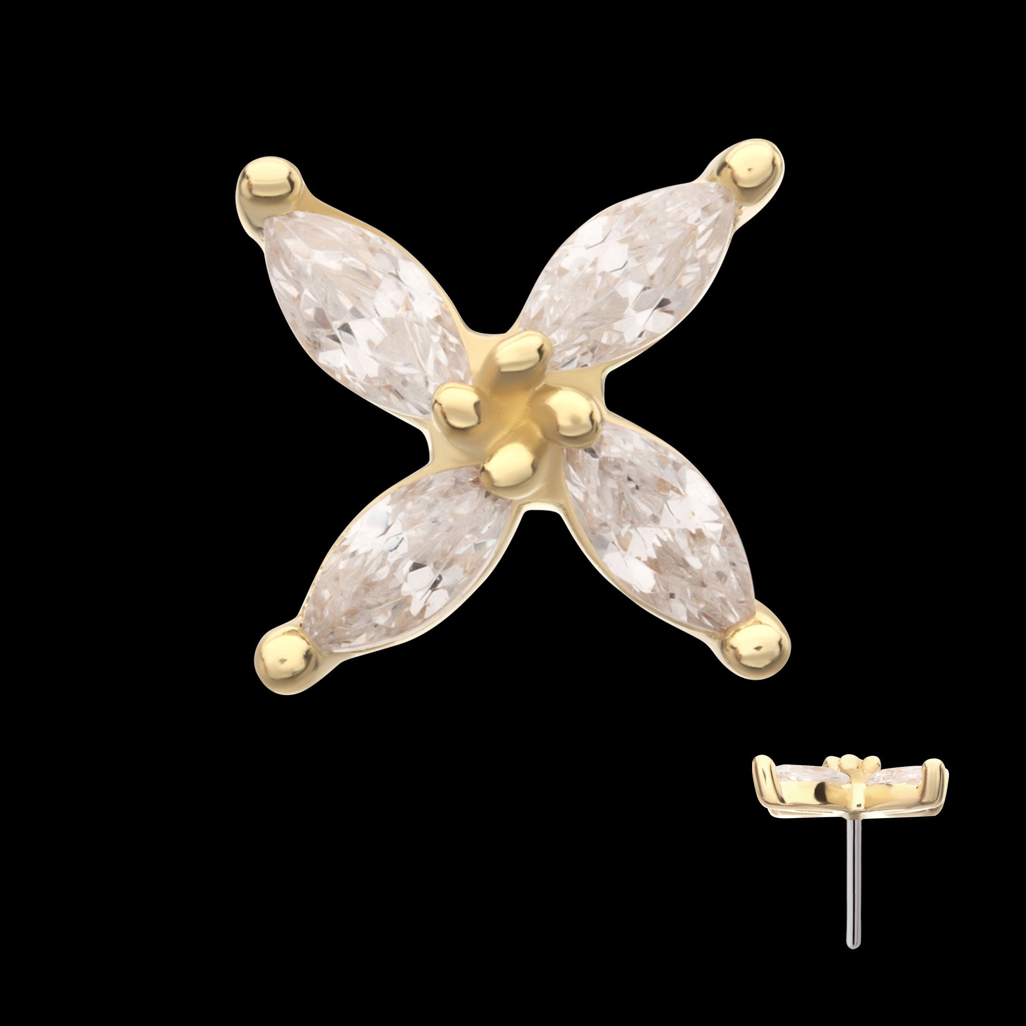 Prong Set Marquise CZ Gem 4-Petal Flower Flatback Stud Earring / Nosering - CZ in 14Kt Yellow Gold