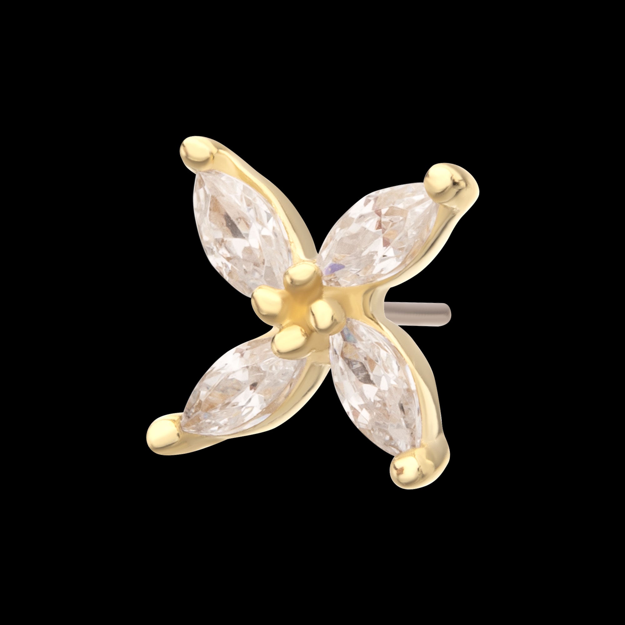 Prong Set Marquise CZ Gem 4-Petal Flower Flatback Stud Earring / Nosering - CZ in 14Kt Yellow Gold