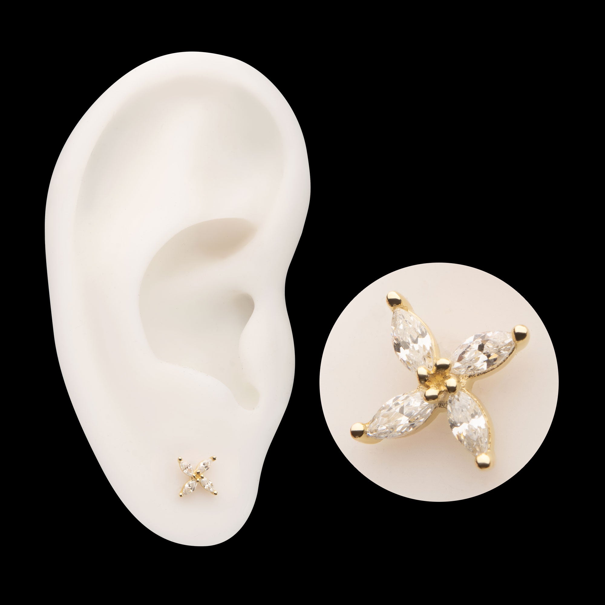 Prong Set Marquise CZ Gem 4-Petal Flower Flatback Stud Earring / Nosering - CZ in 14Kt Yellow Gold