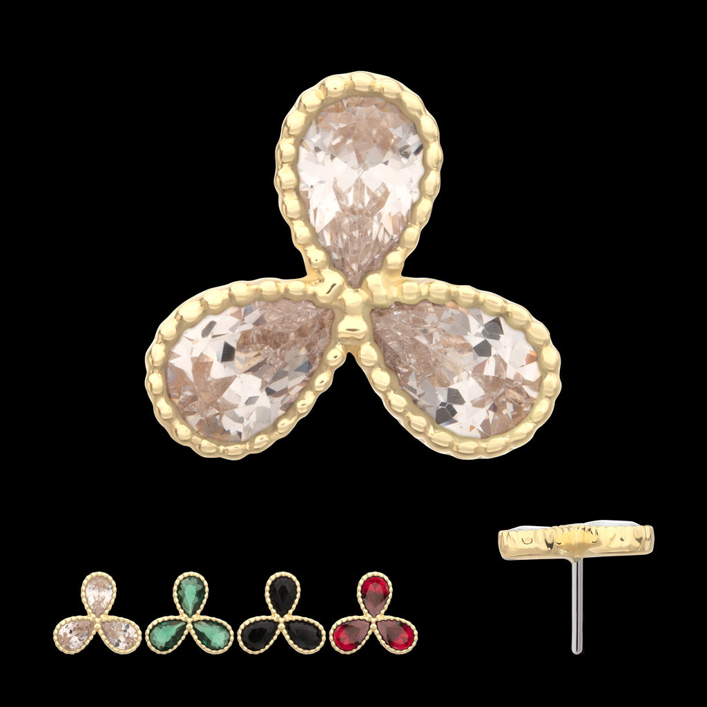 Milgrain Edge Teardrop CZ Gem 3-Petal Flower Flatback Stud Earring / Nosering - CZ in 14Kt Yellow Gold