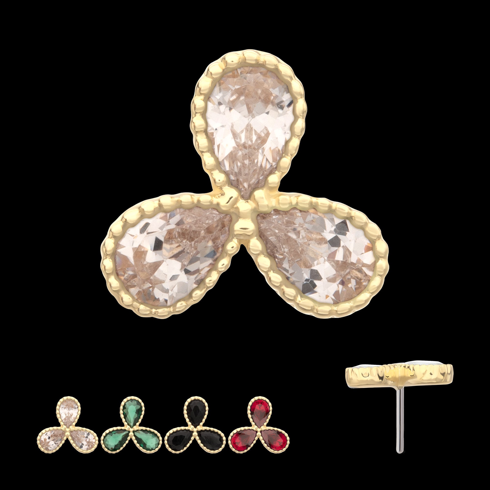Milgrain Edge Teardrop CZ Gem 3-Petal Flower Flatback Stud Earring / Nosering - CZ in 14Kt Yellow Gold