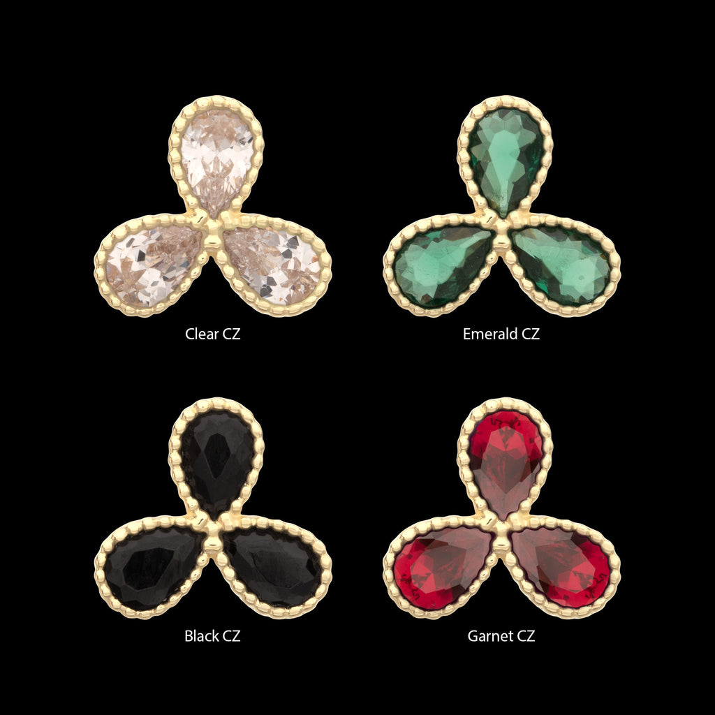 Milgrain Edge Teardrop CZ Gem 3-Petal Flower Flatback Stud Earring / Nosering - CZ in 14Kt Yellow Gold