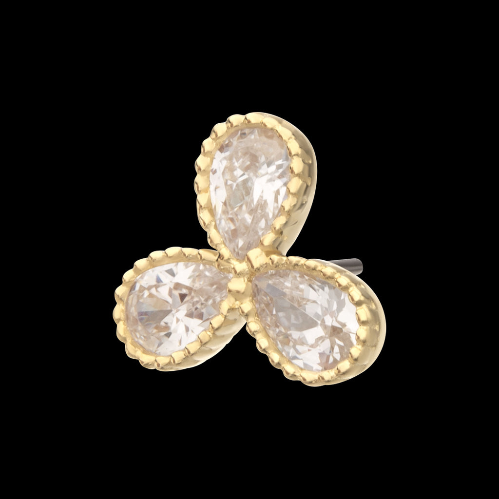 Milgrain Edge Teardrop CZ Gem 3-Petal Flower Flatback Stud Earring / Nosering - CZ in 14Kt Yellow Gold