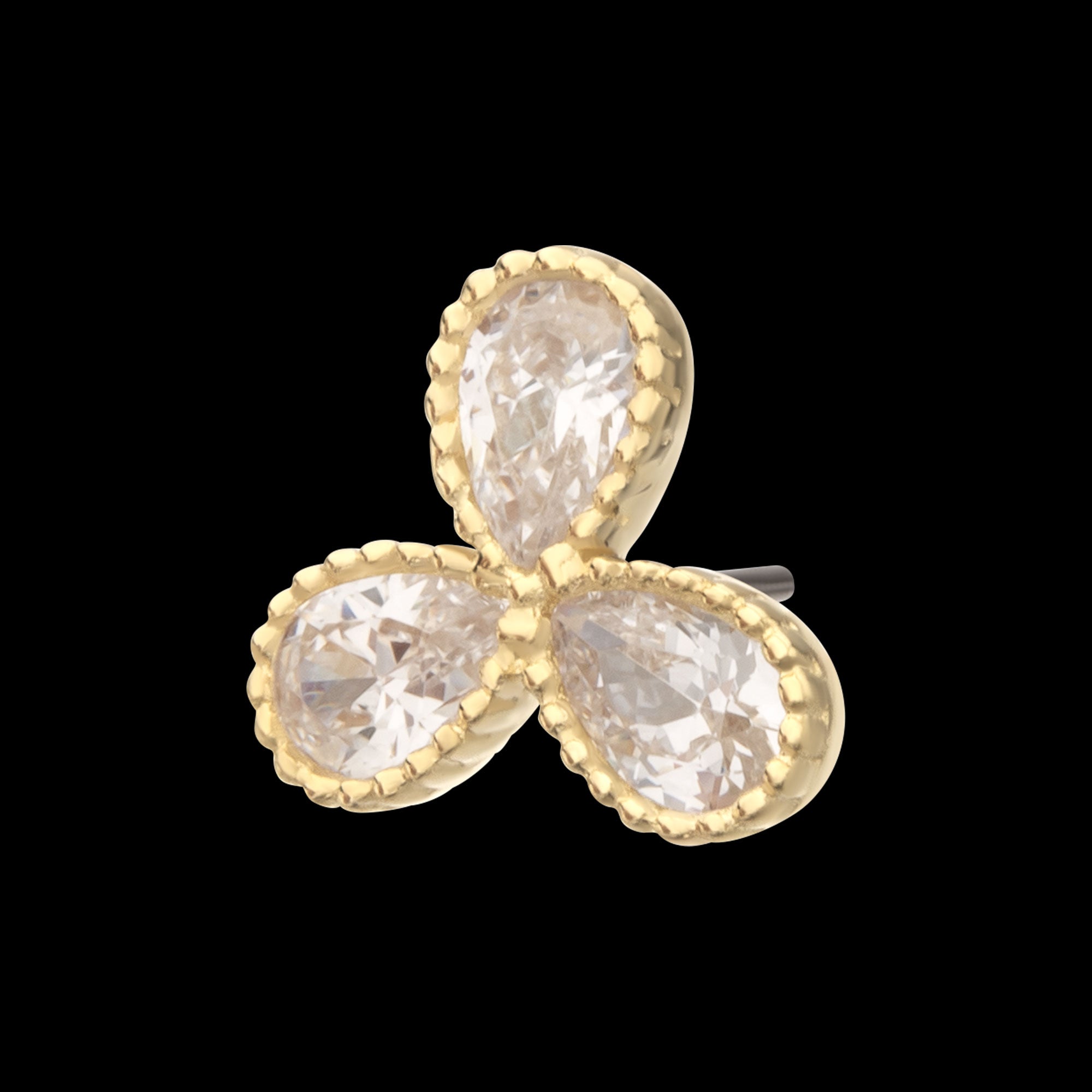 Milgrain Edge Teardrop CZ Gem 3-Petal Flower Flatback Stud Earring / Nosering - CZ in 14Kt Yellow Gold