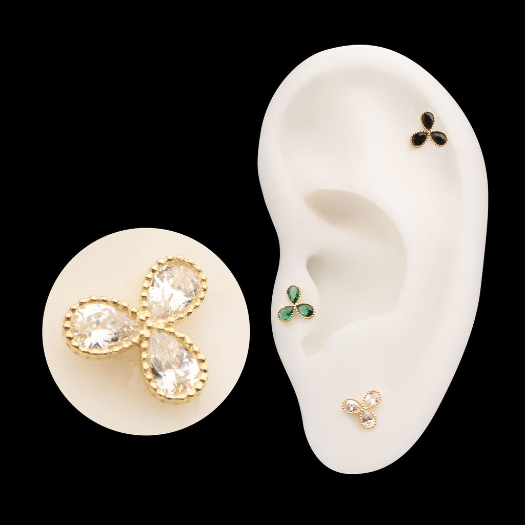 Milgrain Edge Teardrop CZ Gem 3-Petal Flower Flatback Stud Earring / Nosering - CZ in 14Kt Yellow Gold