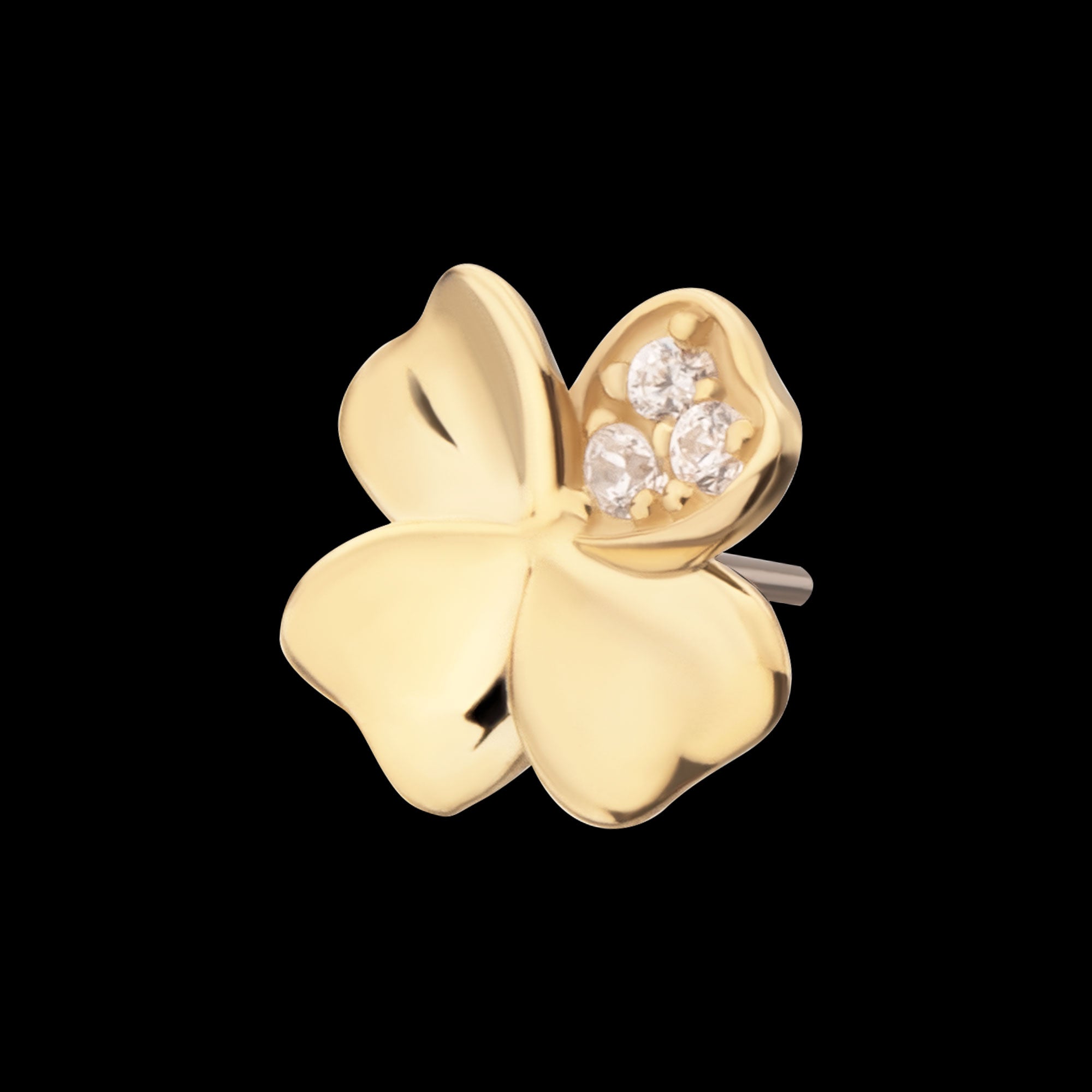 3D Clover with Triple CZ Gem Flatback Stud Earring / Nosering - CZ in 14Kt Yellow Gold