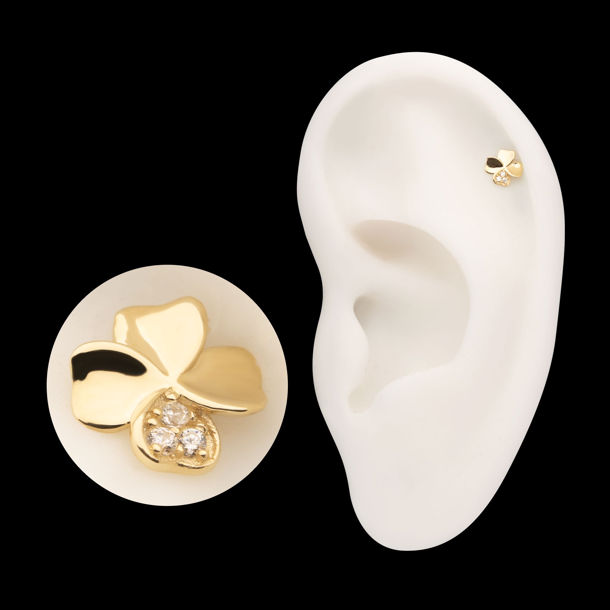 3D Clover with Triple CZ Gem Flatback Stud Earring / Nosering - CZ in 14Kt Yellow Gold
