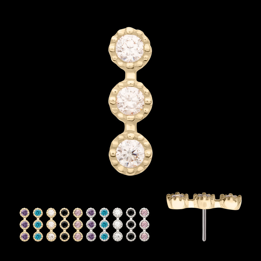 Milgrain Edge Triple Cluster Bezel CZ Gem Flatback Stud Earring / Nosering - CZ in 14Kt Gold