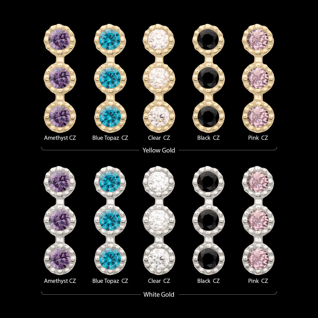 Milgrain Edge Triple Cluster Bezel CZ Gem Flatback Stud Earring / Nosering - CZ in 14Kt Gold
