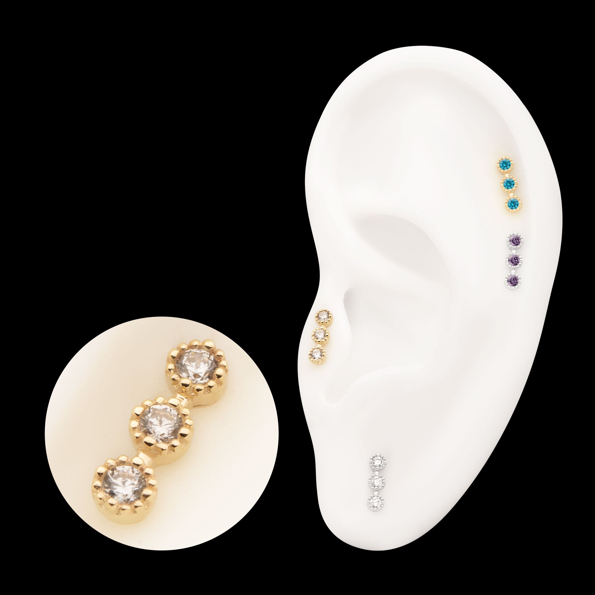 Milgrain Edge Triple Cluster Bezel CZ Gem Flatback Stud Earring / Nosering - CZ in 14Kt Gold