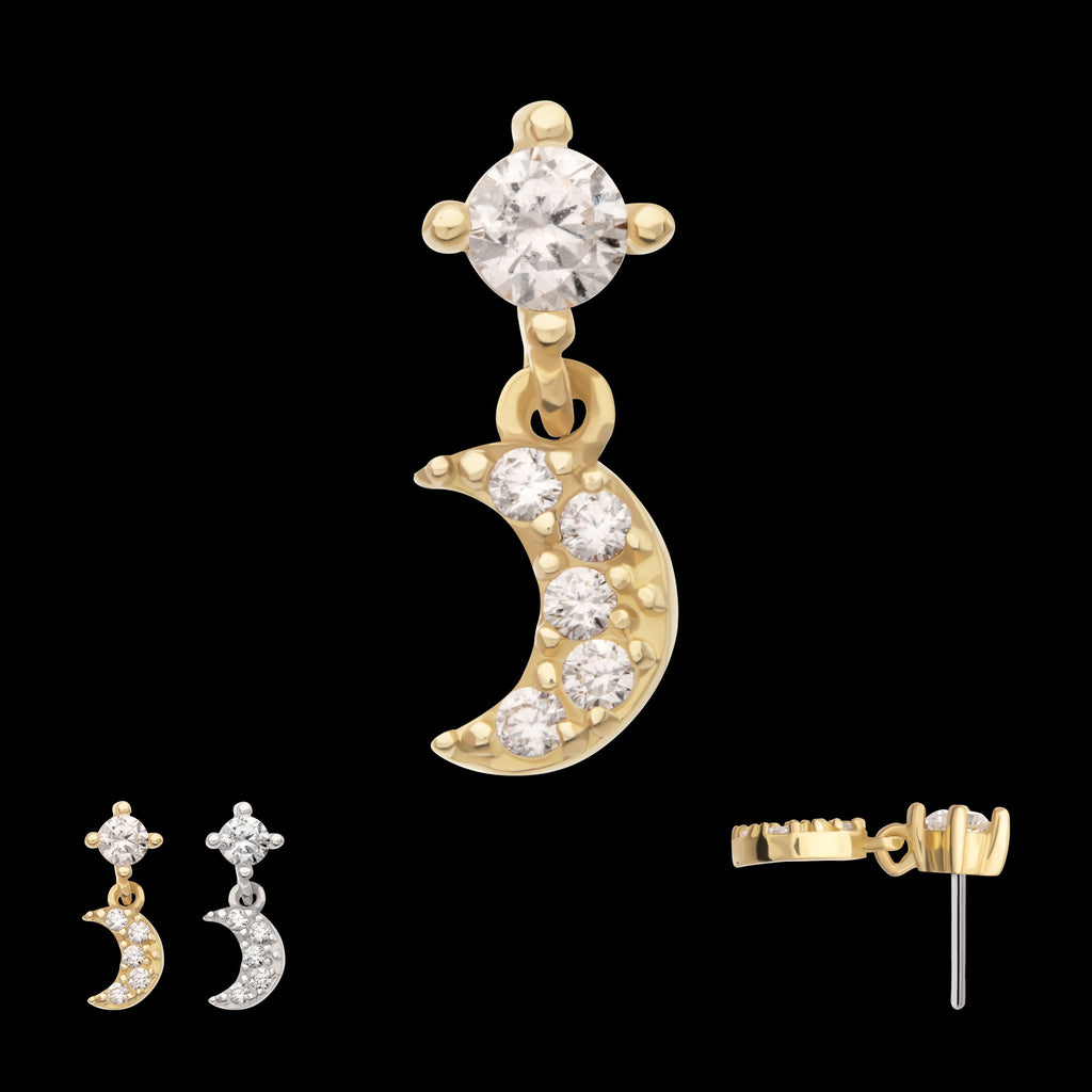 4-Prong CZ 2mm Gem with Pave CZ Gem Crescent Moon Dangle Flatback Stud Earring / Nosering - CZ in 14Kt Gold