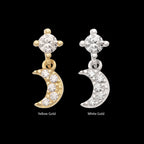 4-Prong CZ 2mm Gem with Pave CZ Gem Crescent Moon Dangle Flatback Stud Earring / Nosering - CZ in 14Kt Gold