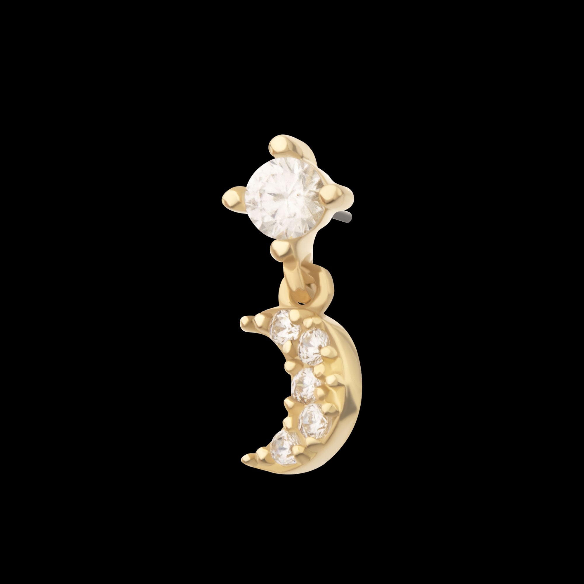 4-Prong CZ 2mm Gem with Pave CZ Gem Crescent Moon Dangle Flatback Stud Earring / Nosering - CZ in 14Kt Gold
